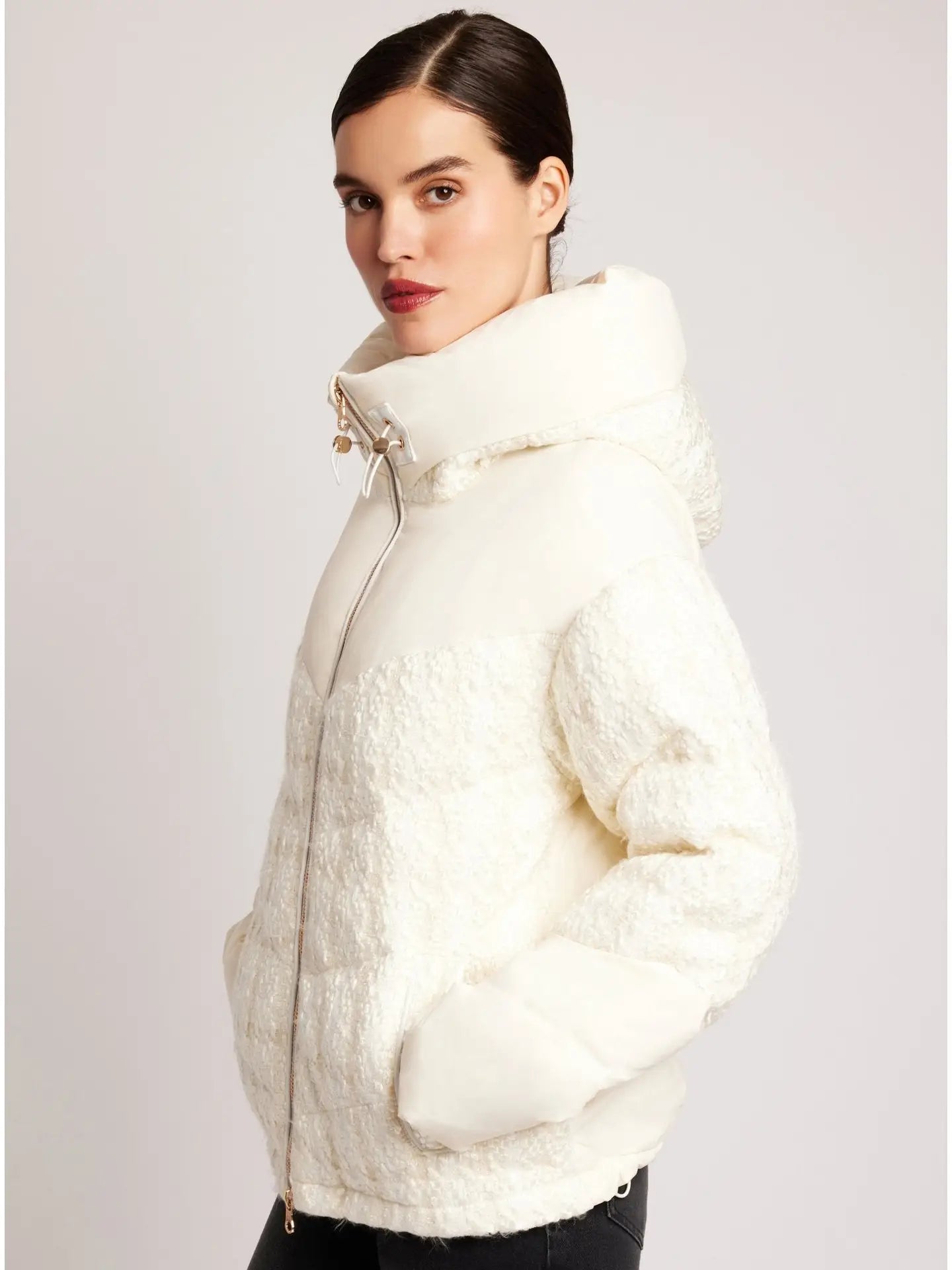 Mishi Boucle Down Filled Puffer Coat with Gold Trim