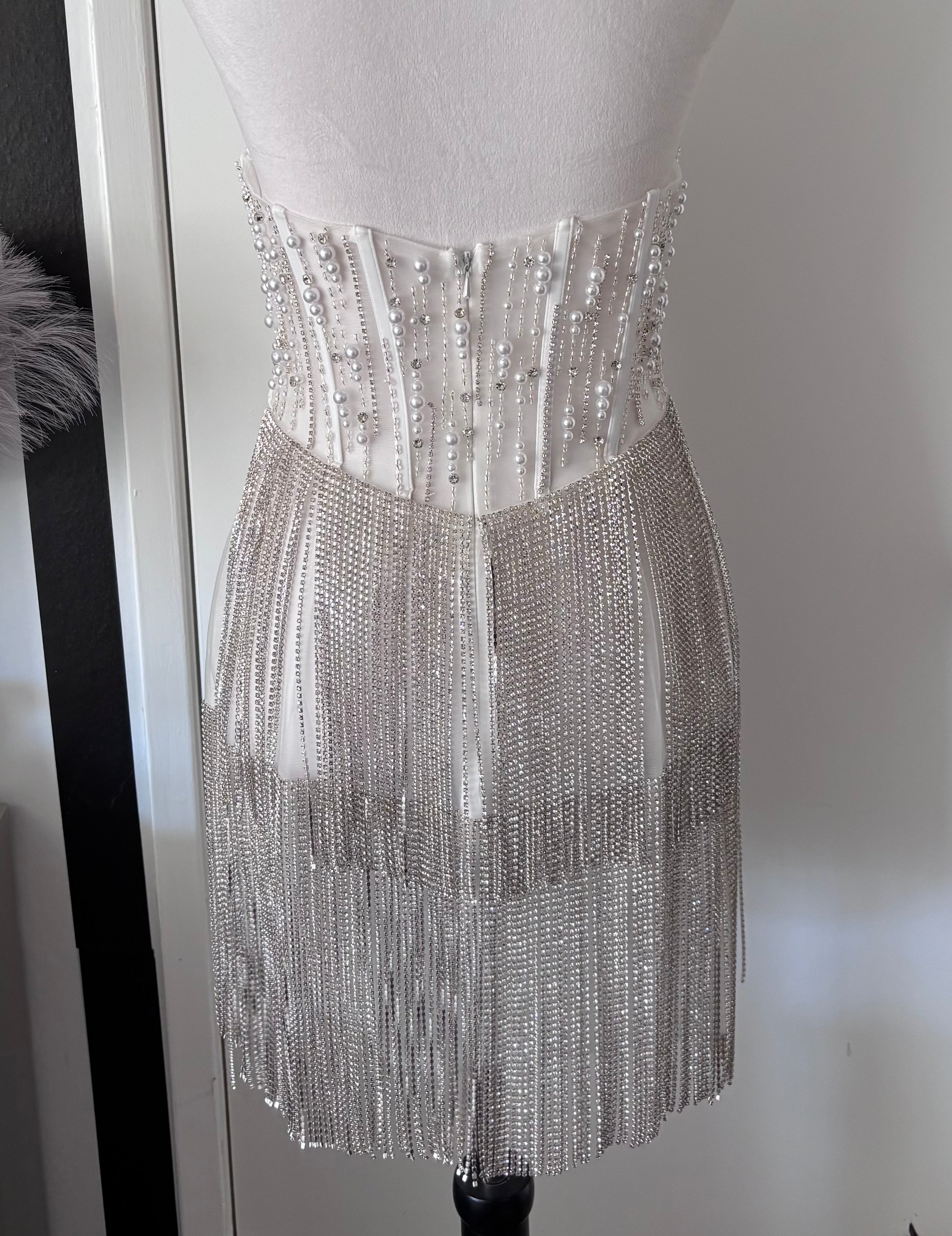 Layton Rhinestone Fringe and Pearl Embellished Mini Dress