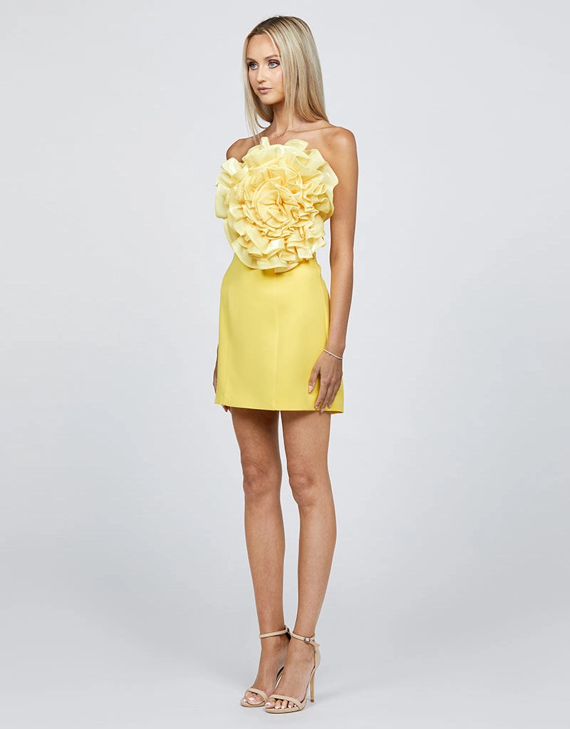 Ania Strapless Yellow Large3D Floral Appliqué Mini Dress