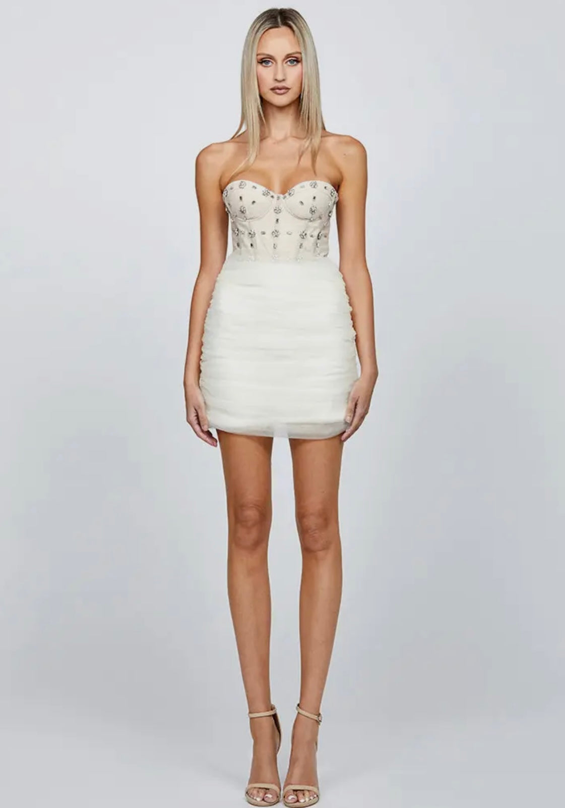 Aleesha Diamanté Corset Bodice Ruched Tulle Mini Dress