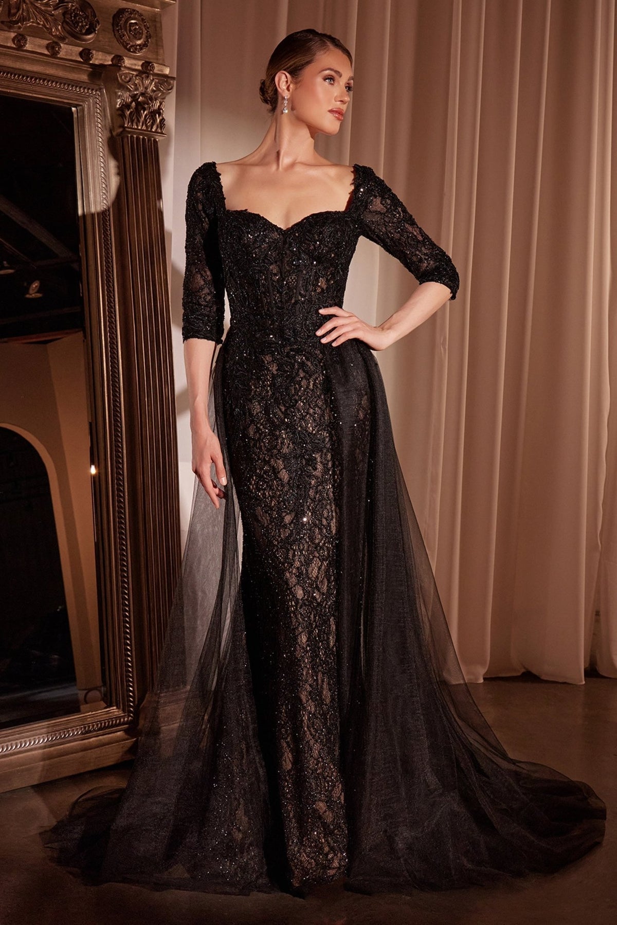 Maci 3/4 Sleeve Beaded Gown with Detachable Overskirt Ever Chic Fashions Maci 3/4 Sleeve Beaded Gown with Detachable Overskirt Ever Chic Fashions