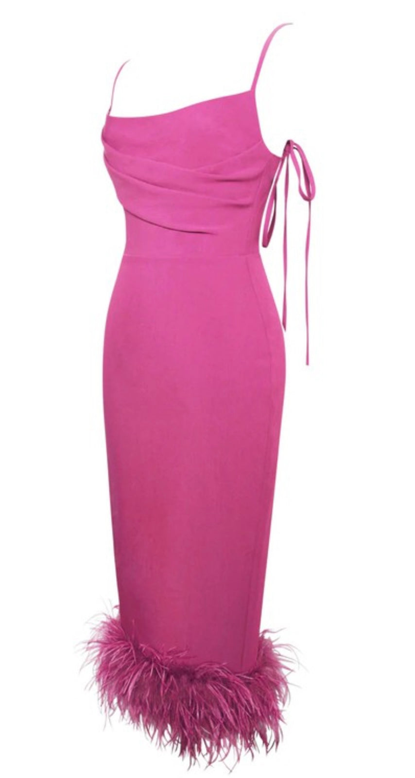 Drew Fuchsia Sleeveless Feather Trim Midi Dress