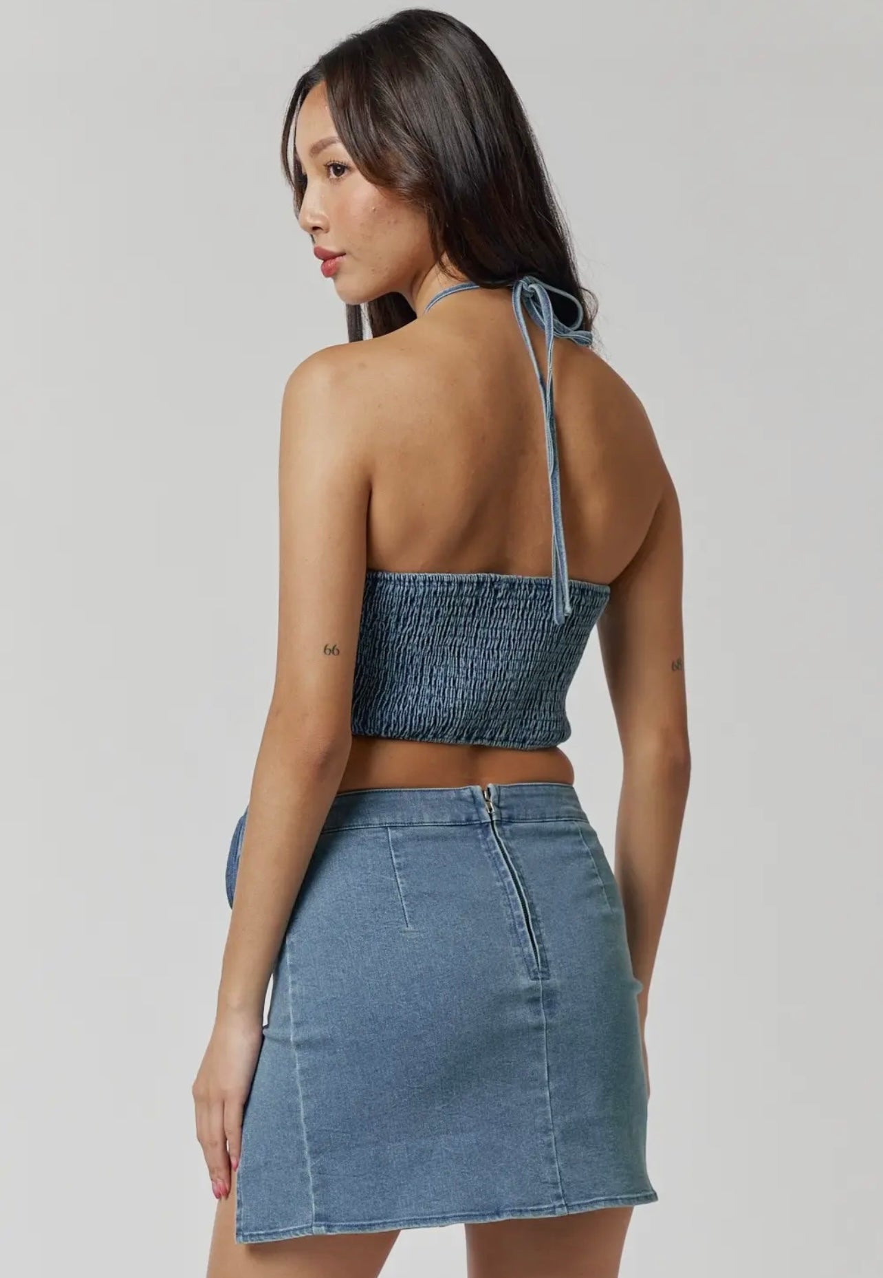 Daisy Denim 3D Rose Detail Halter Top and Ruffled Slit Rose Detail Mini Skirt