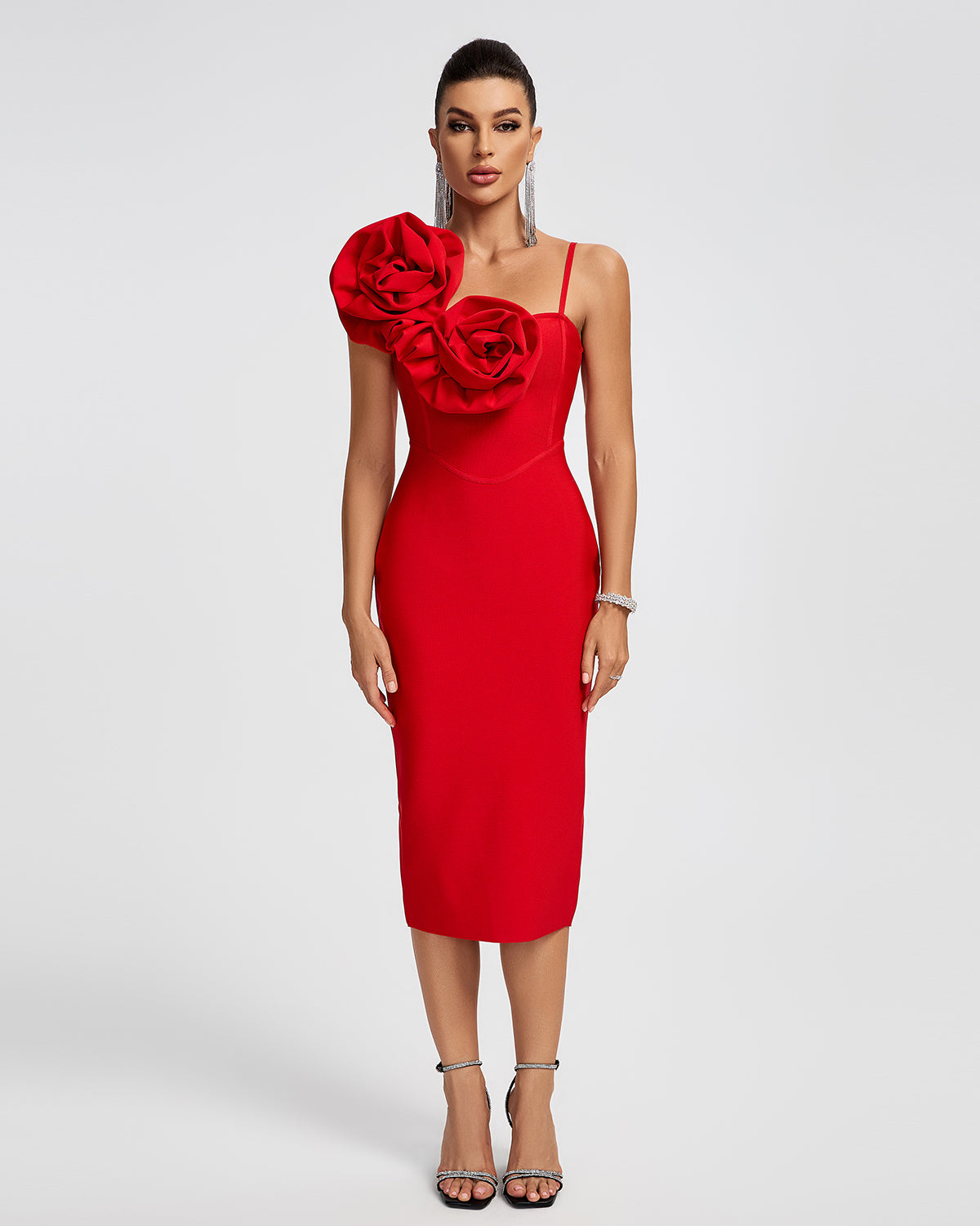 Adina Red One Shoulder 3D Flower Design Midi Bandage Dress