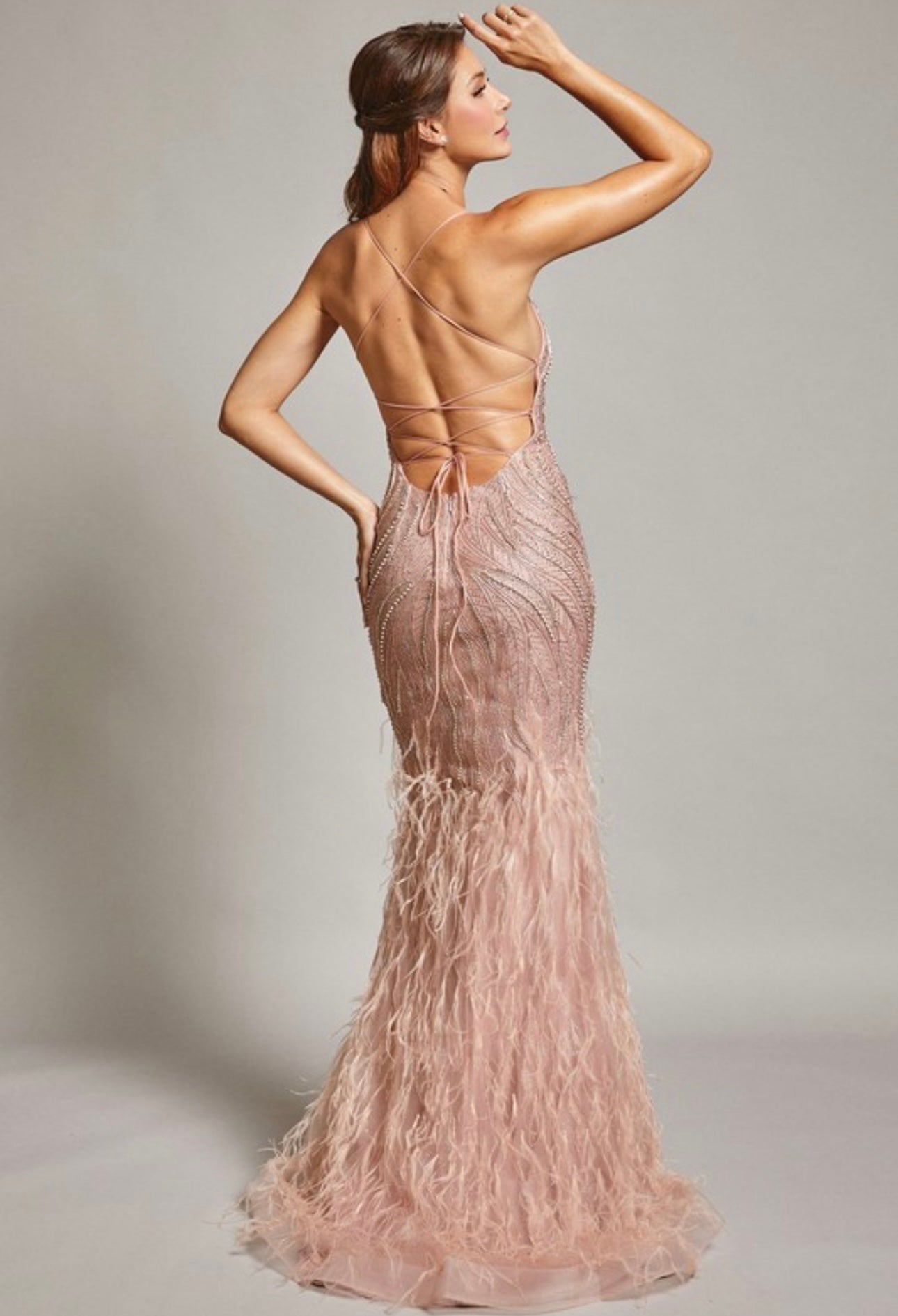 Aurelia Blush Sleeveless Pearl, Bead, Feather Embellished Lace Back Mermaid Gown