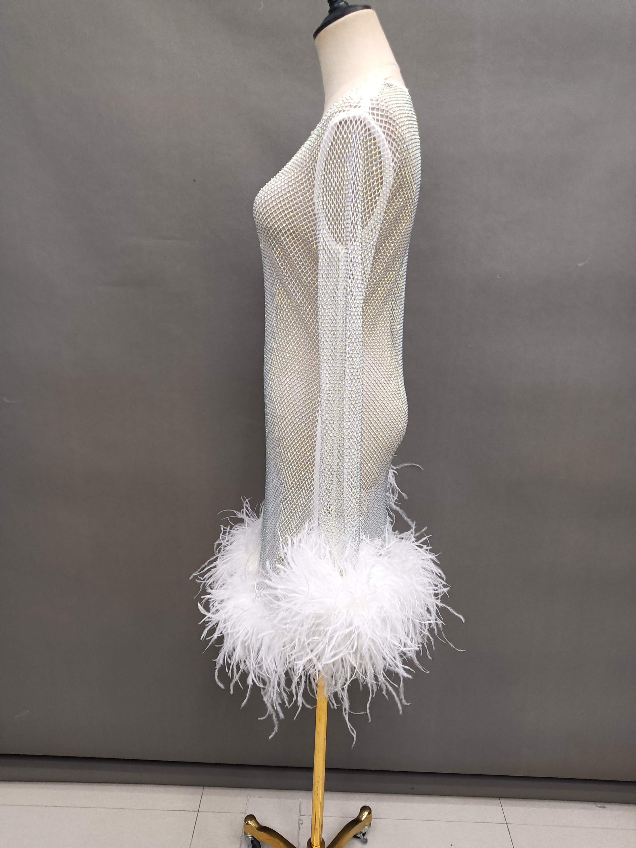 Hartford White Rhinestone Mesh Feather Trim Mini Dress