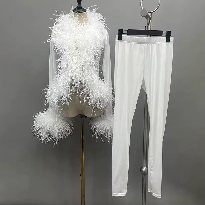 Nora White Mesh Feather Bolero Cardigan and Mesh Pants Set
