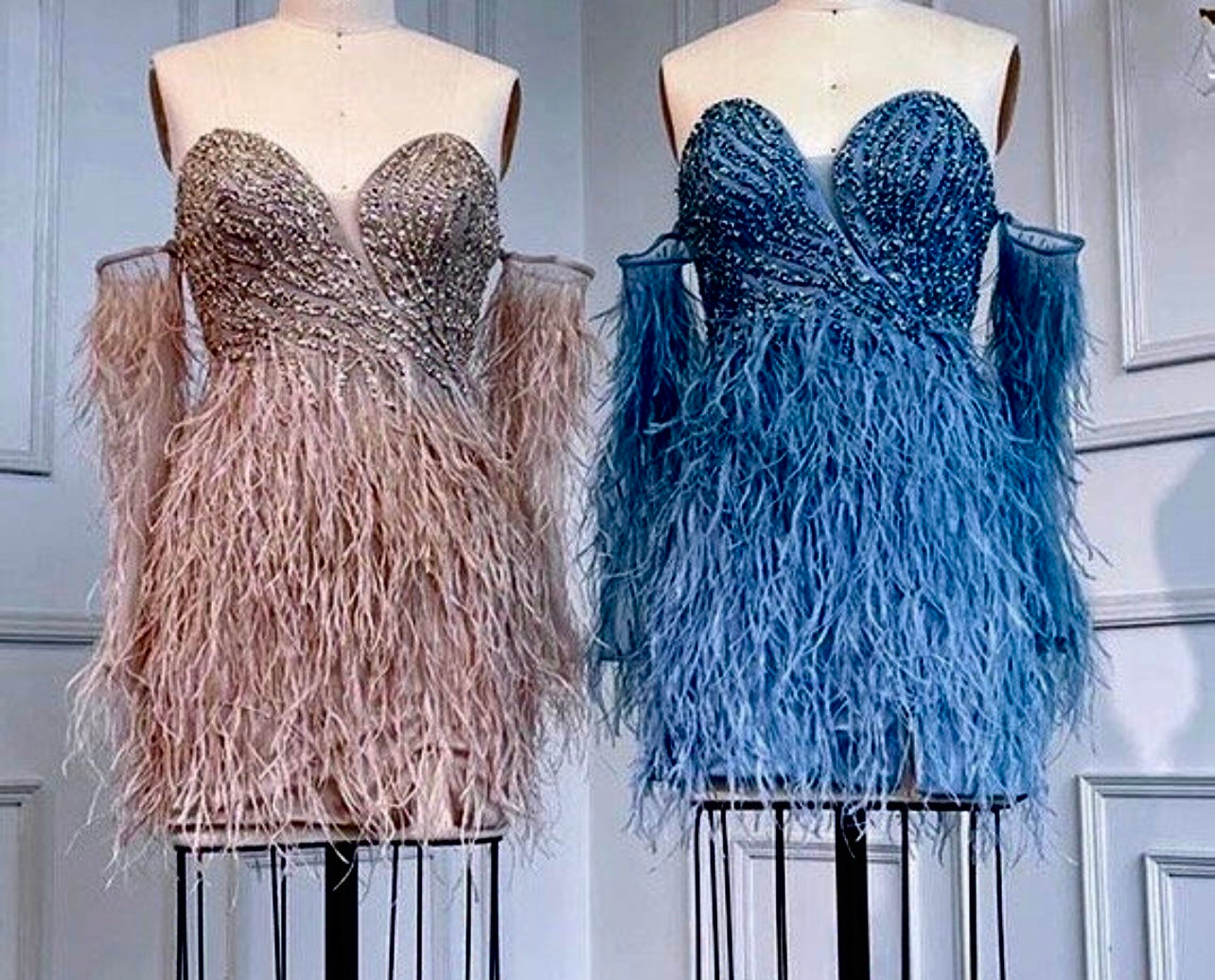 Martine Beaded Off Shoulder Feather Embellished Mini Dress