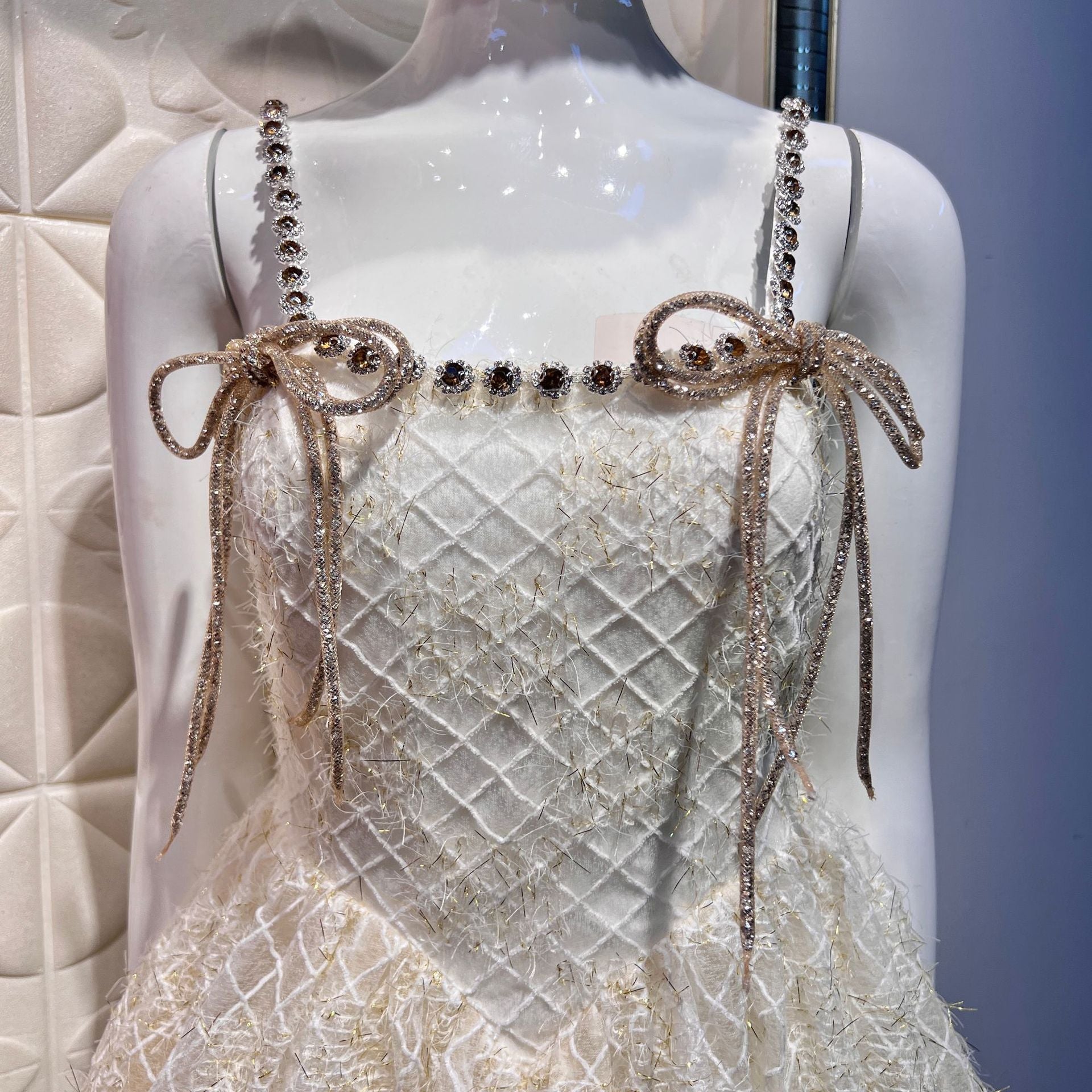 Misa Ivory Rhinestone Bow and Strap Babydoll Dress