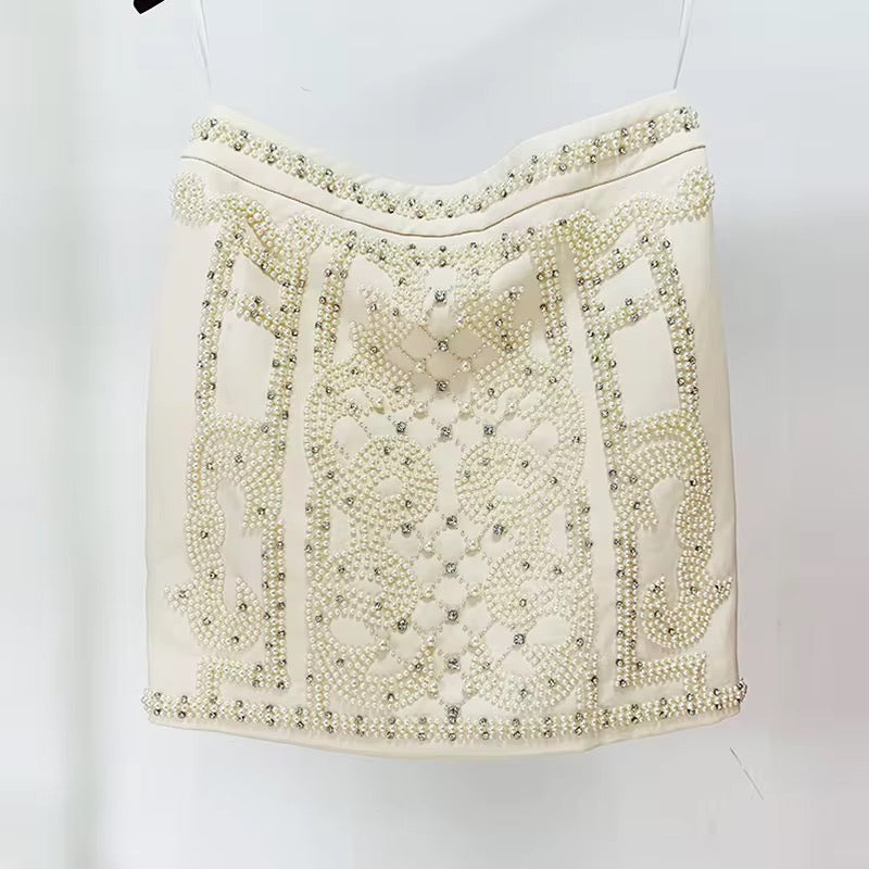 Odessa Ivory Rhinestone Pearl Embellished Crop Halter Top and Mini Skirt Set