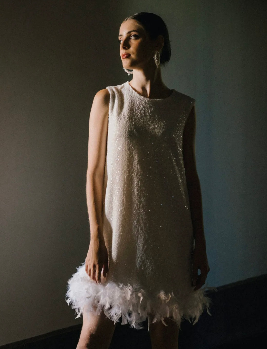 Via Sleeveless Glitter Mini Dress with Feather Trim