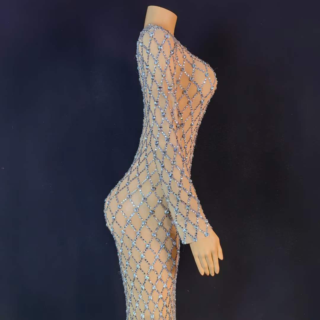 Sarala Nude Long Sleeve Rhinestone Embellished Maxi Gown