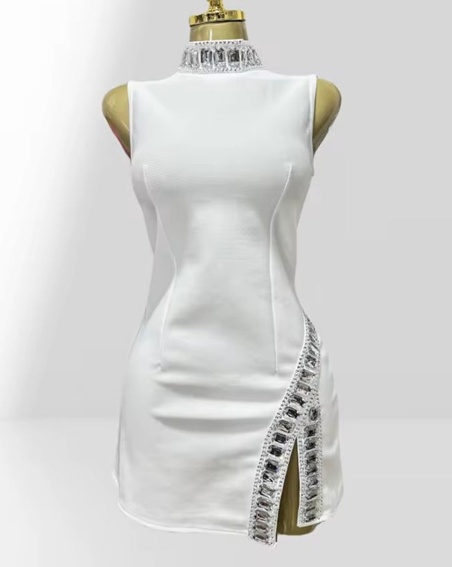 Leeza Crystal Trim Mock Neck Bandage Mini Dress