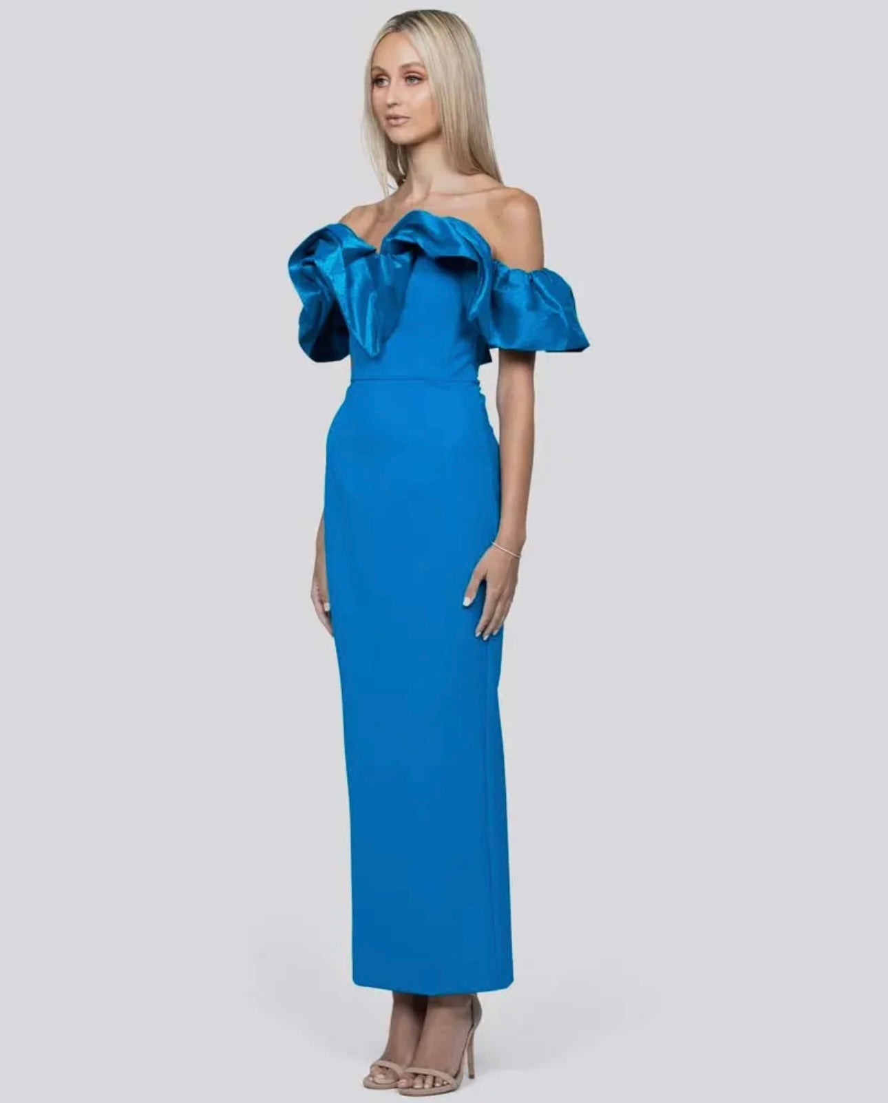 Chandra Off Shoulder V Neck Ruffle Detail Maxi Dress