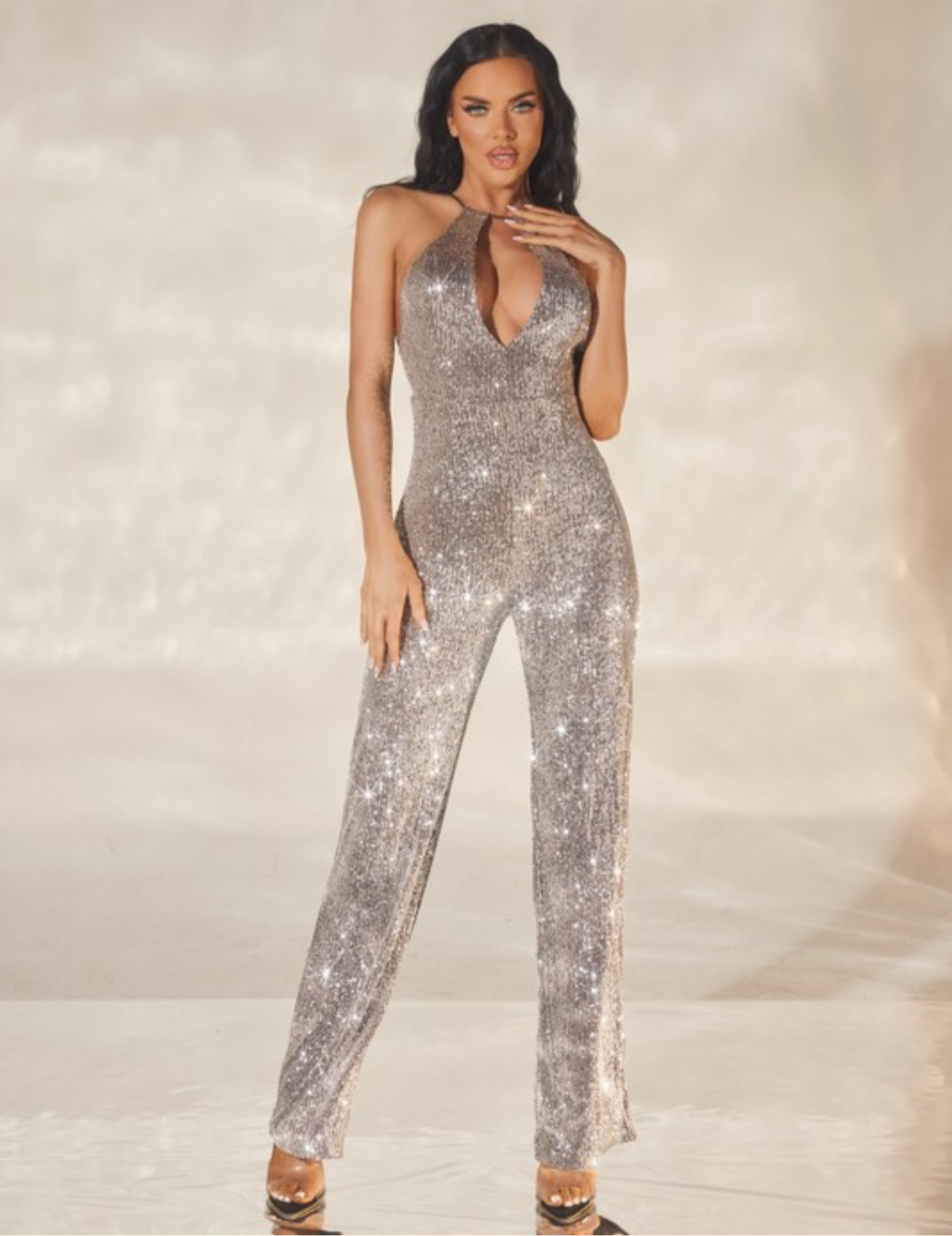 Vita Silver/Bronze Halter Sequin Backless Jumpsuit