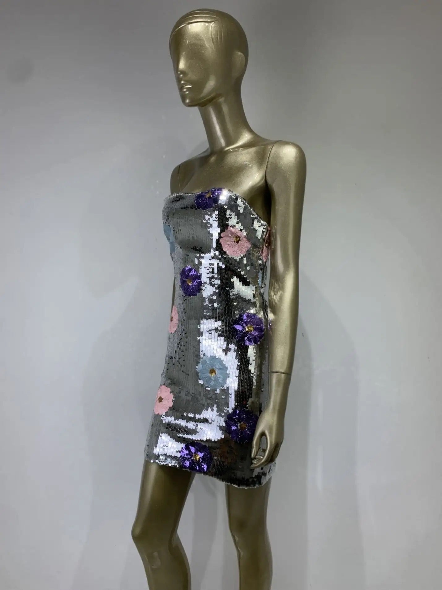 Misha Strapless Silver and Flower Sequin Mini Dress