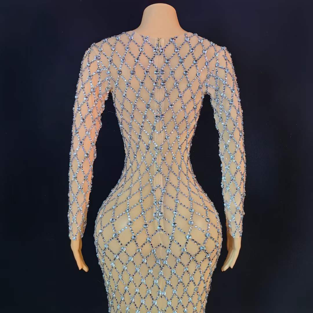 Sarala Nude Long Sleeve Rhinestone Embellished Maxi Gown