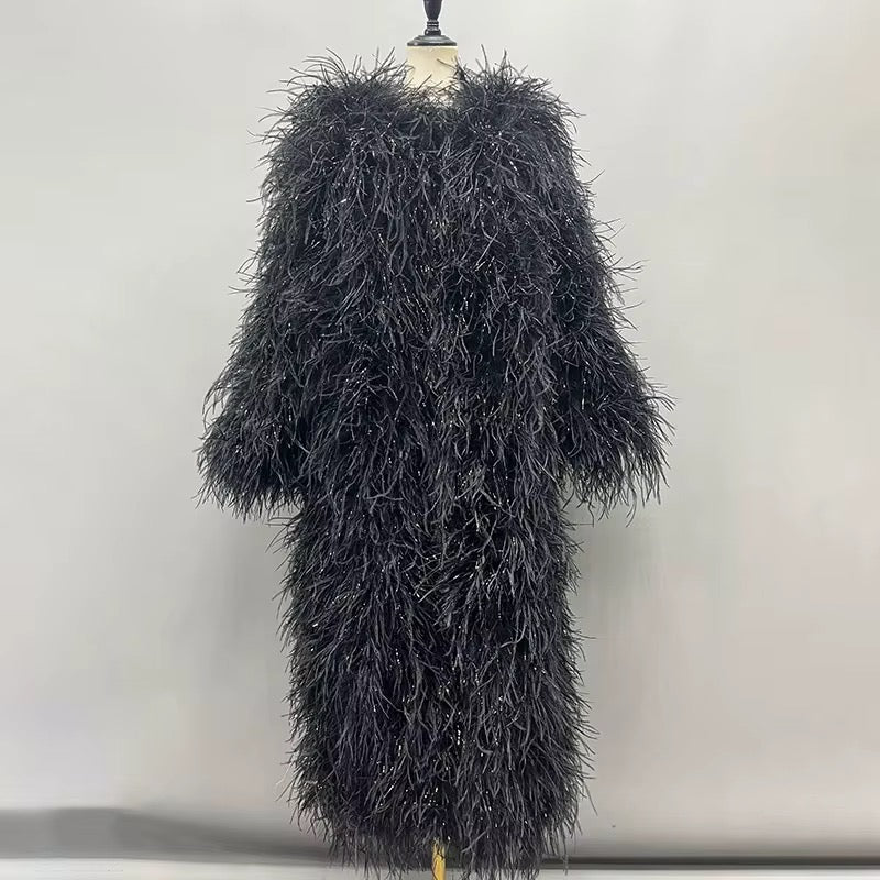 Dira Long Fluffy Feather Coat