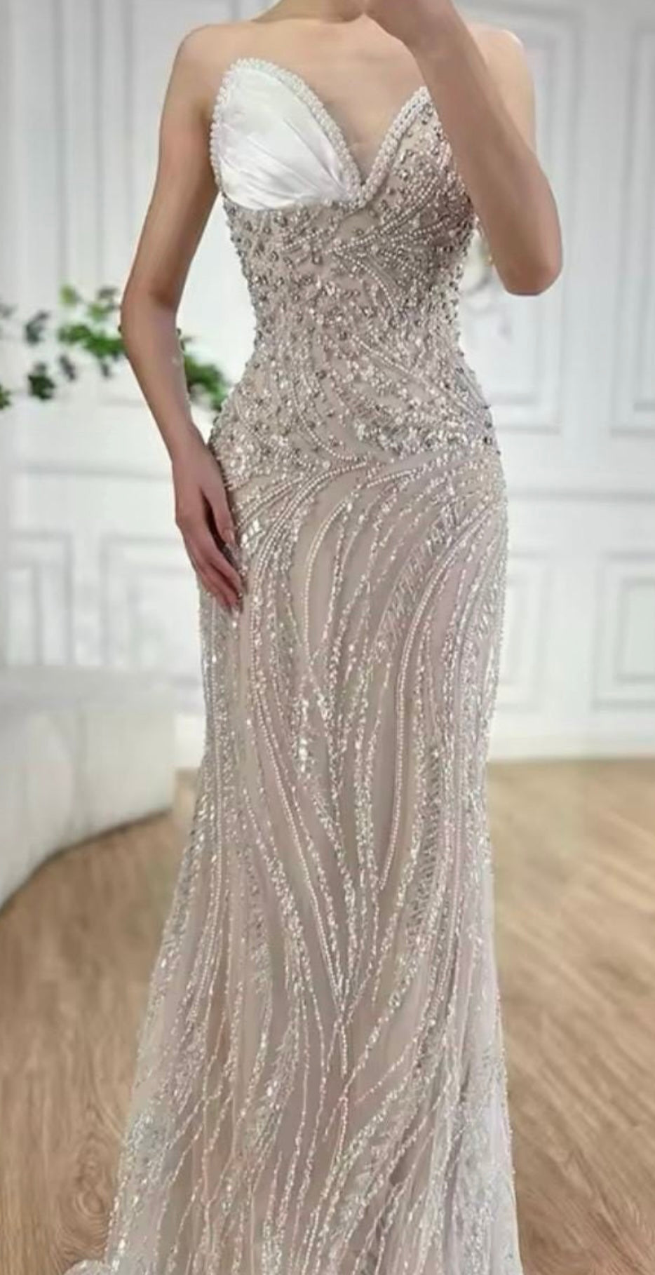 Ariella White Champagne Strapless Pointed Bodice Pearl Bead Embellished Gown