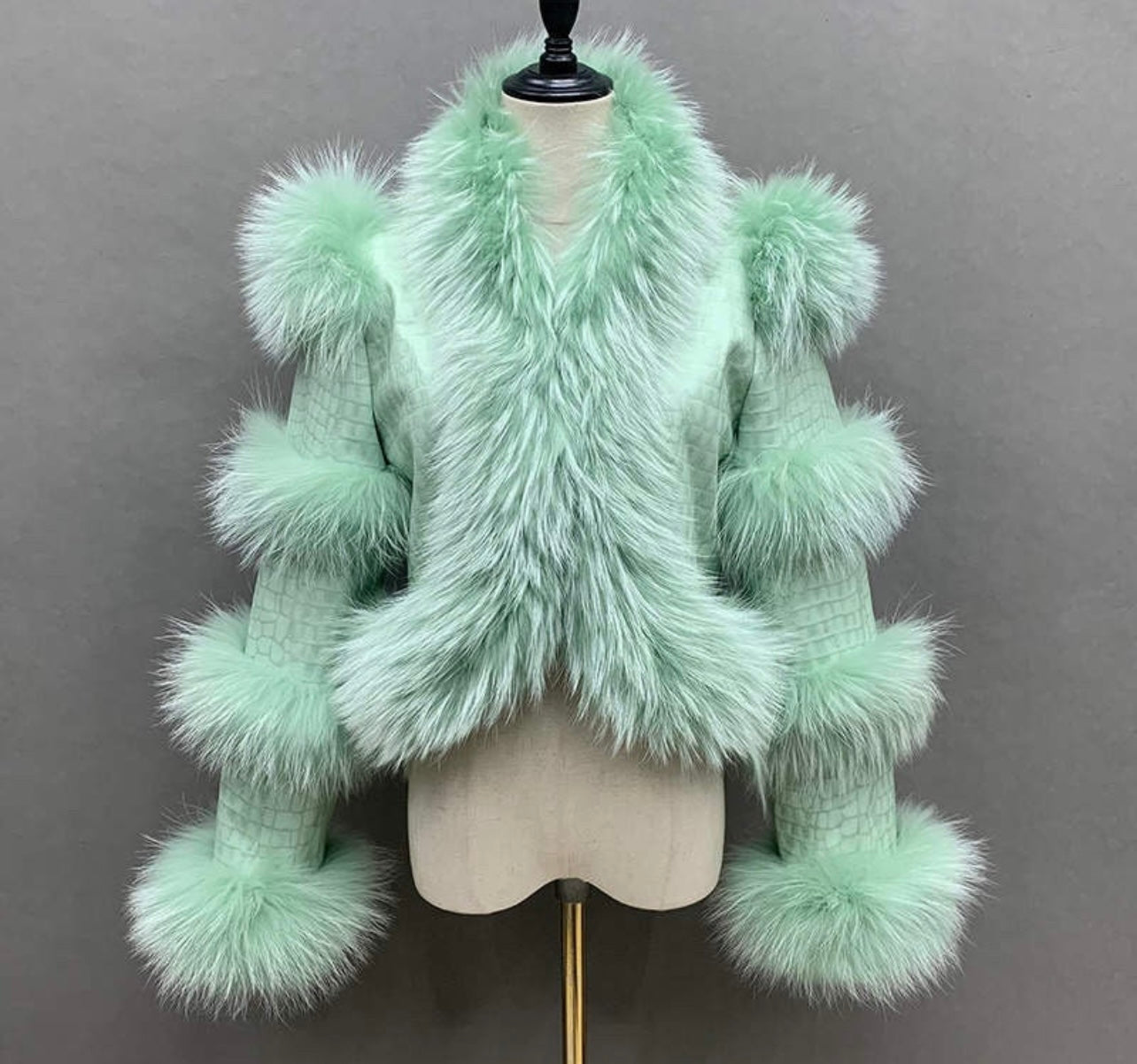 Nyla Mint Green Leather and Fur Trimmed Coat
