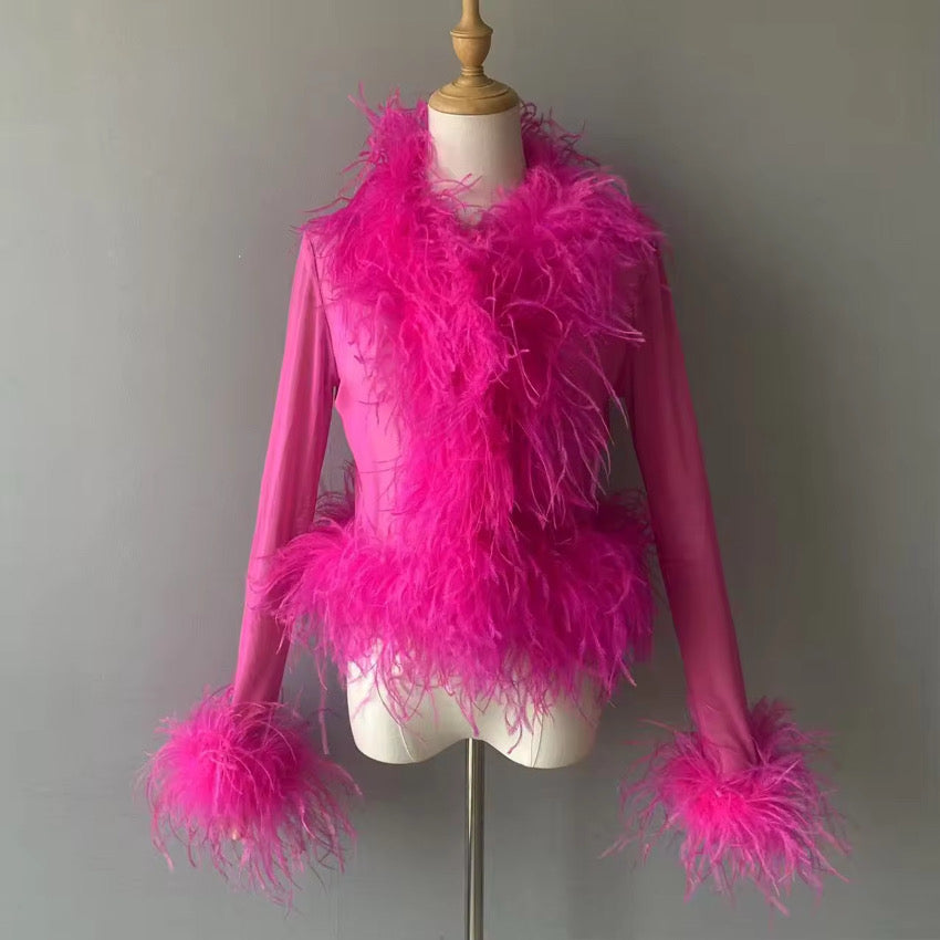 Cassie Sheer Long Sleeve Cardigan with Feather Collar and Sleeve Trim