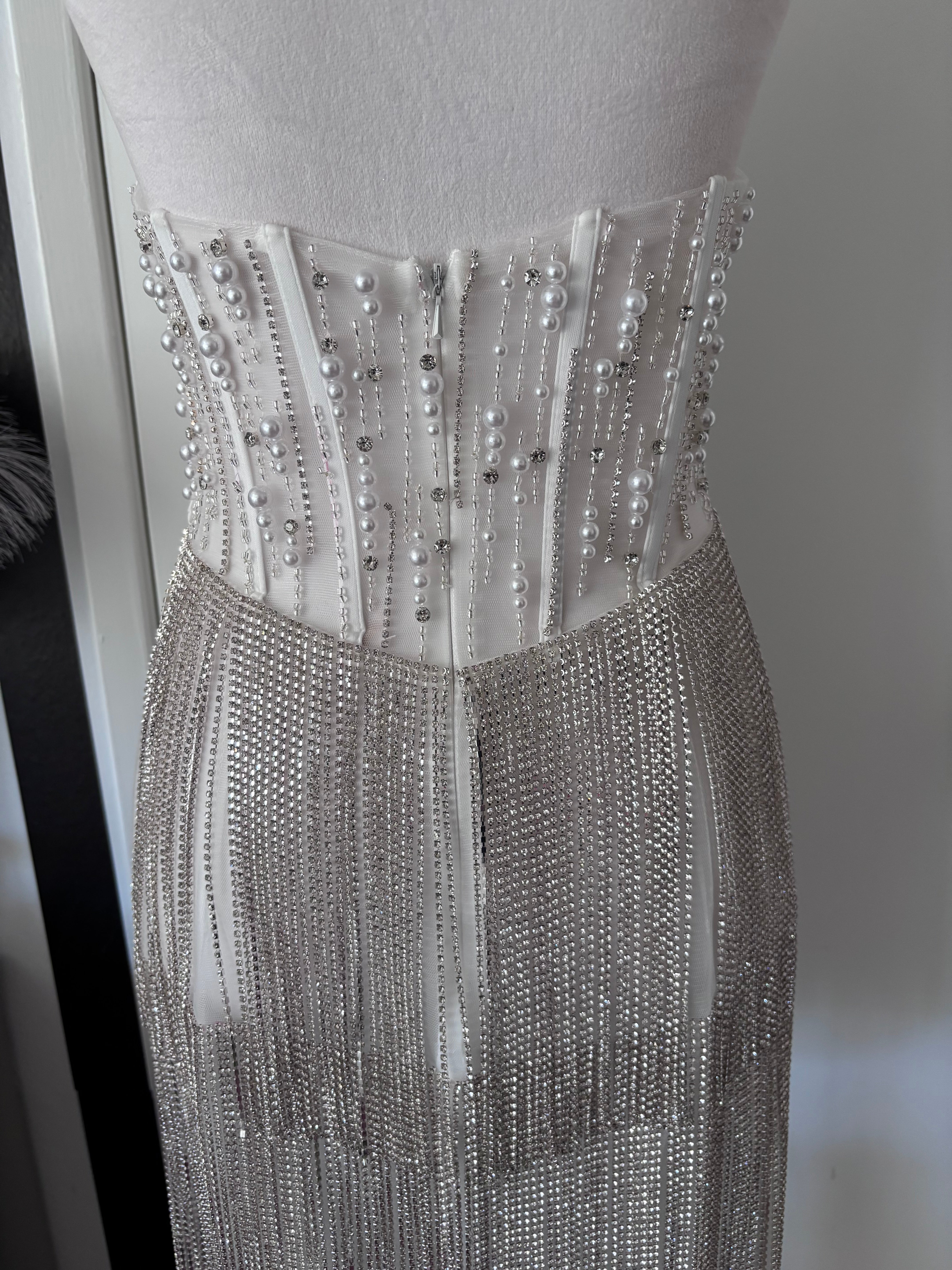 Layton Rhinestone Fringe and Pearl Embellished Mini Dress