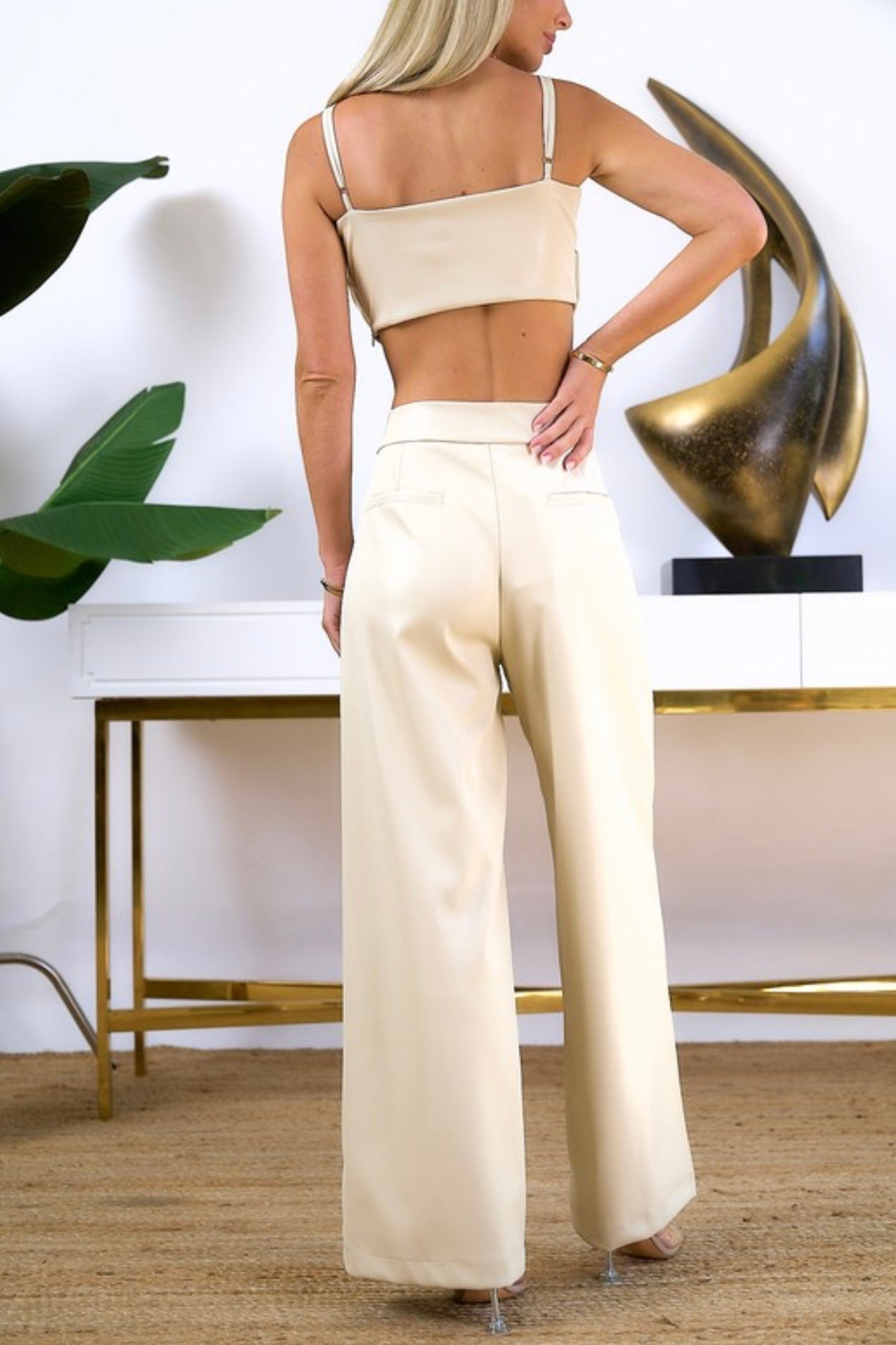 Miranda Vegan Leather 3D Flower Crop Top and Pant Set