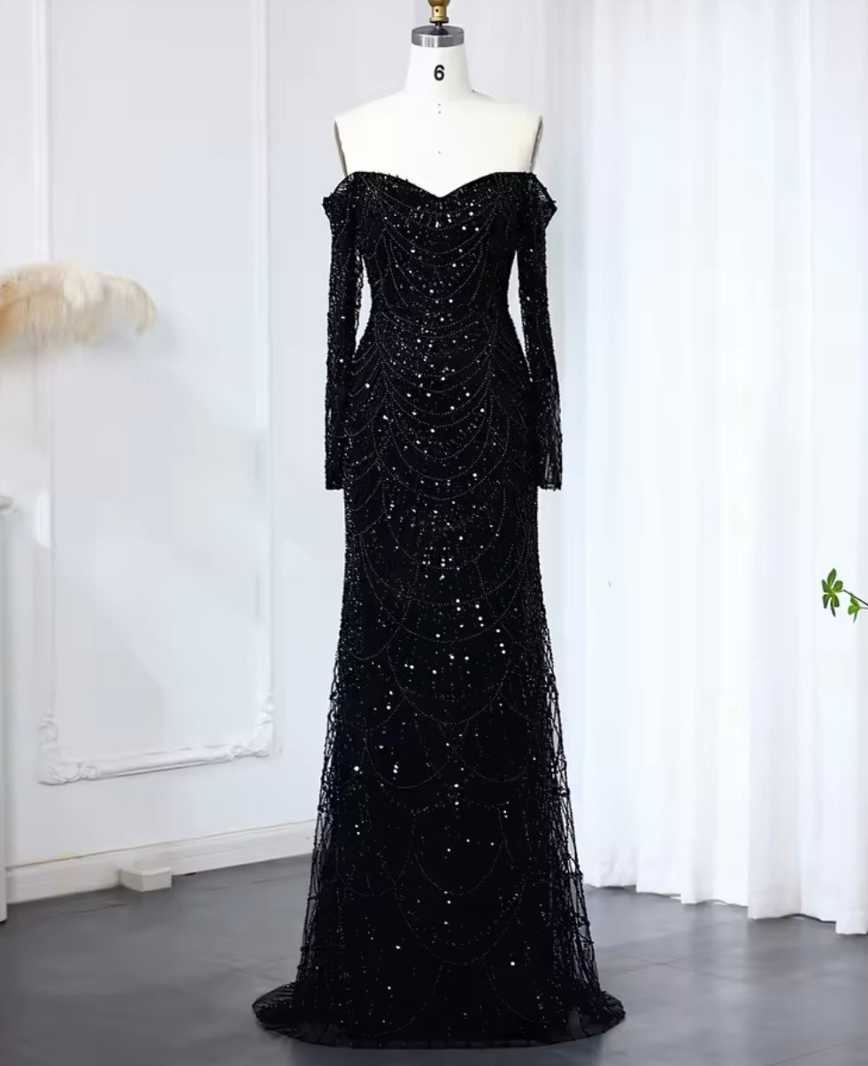 Erina Long Sleeve Off Shoulder Pearl and Bead Embellished Gown