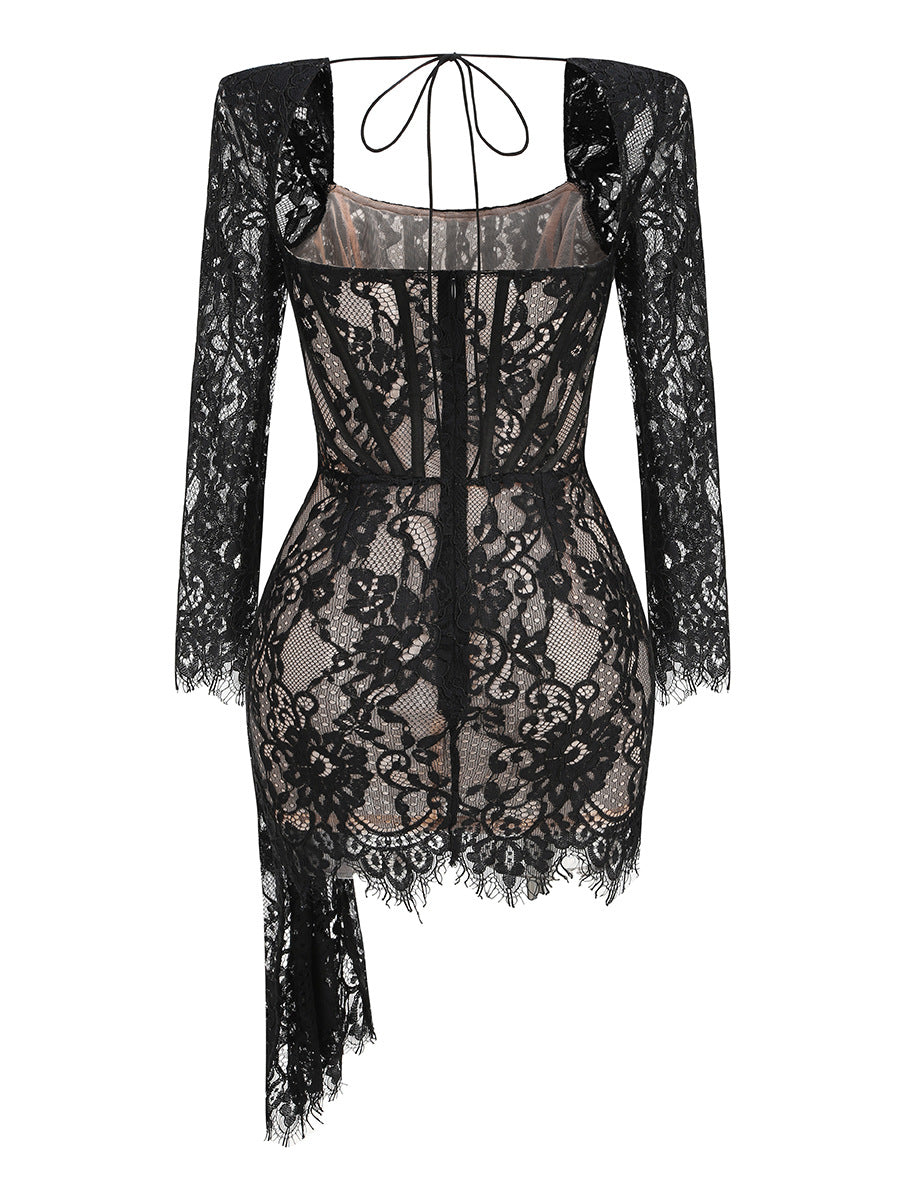 Vanessa Long Sleeve Black Lace Corset Draped Mini Dress