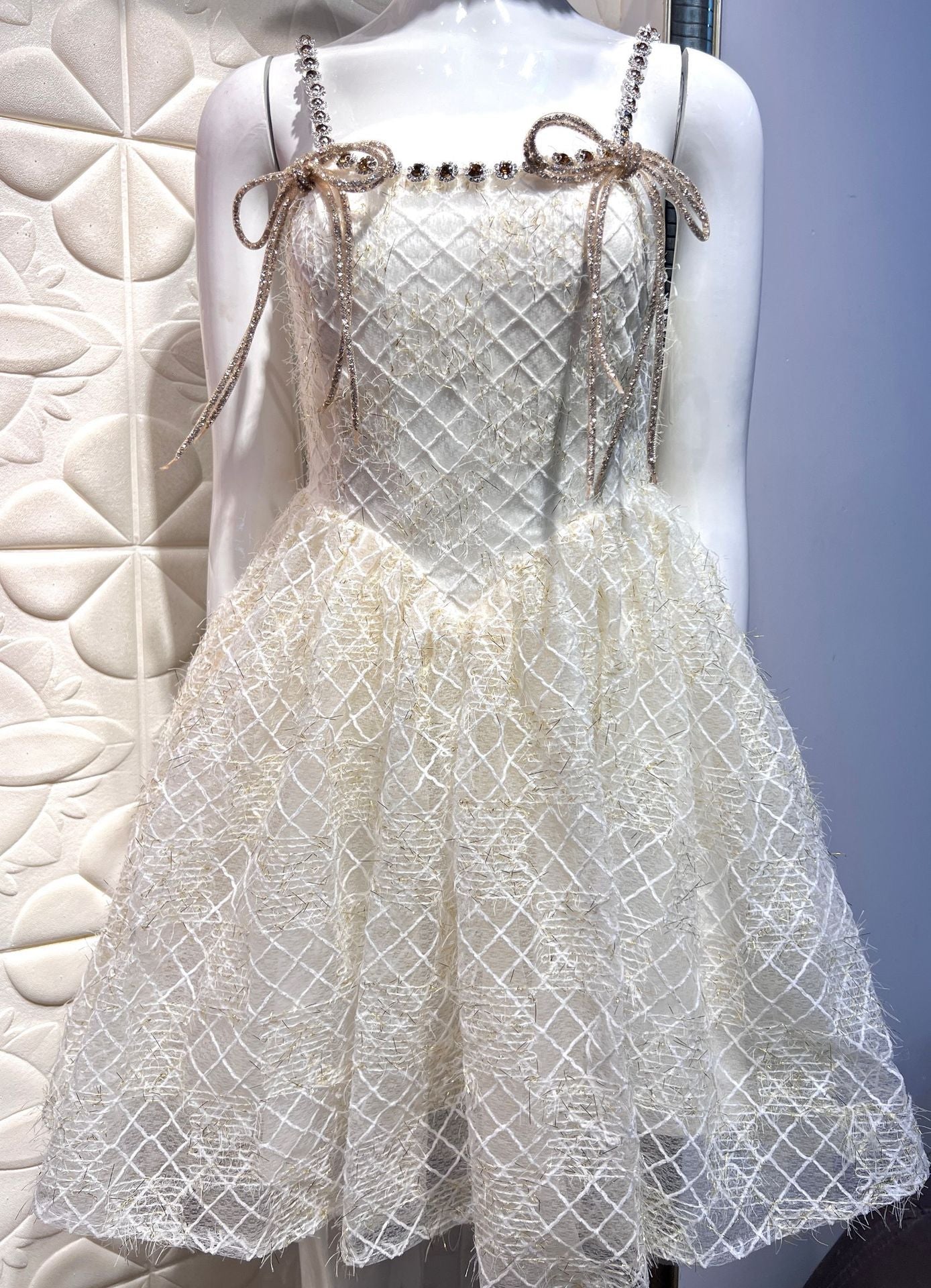 Misa Ivory Rhinestone Bow and Strap Babydoll Dress