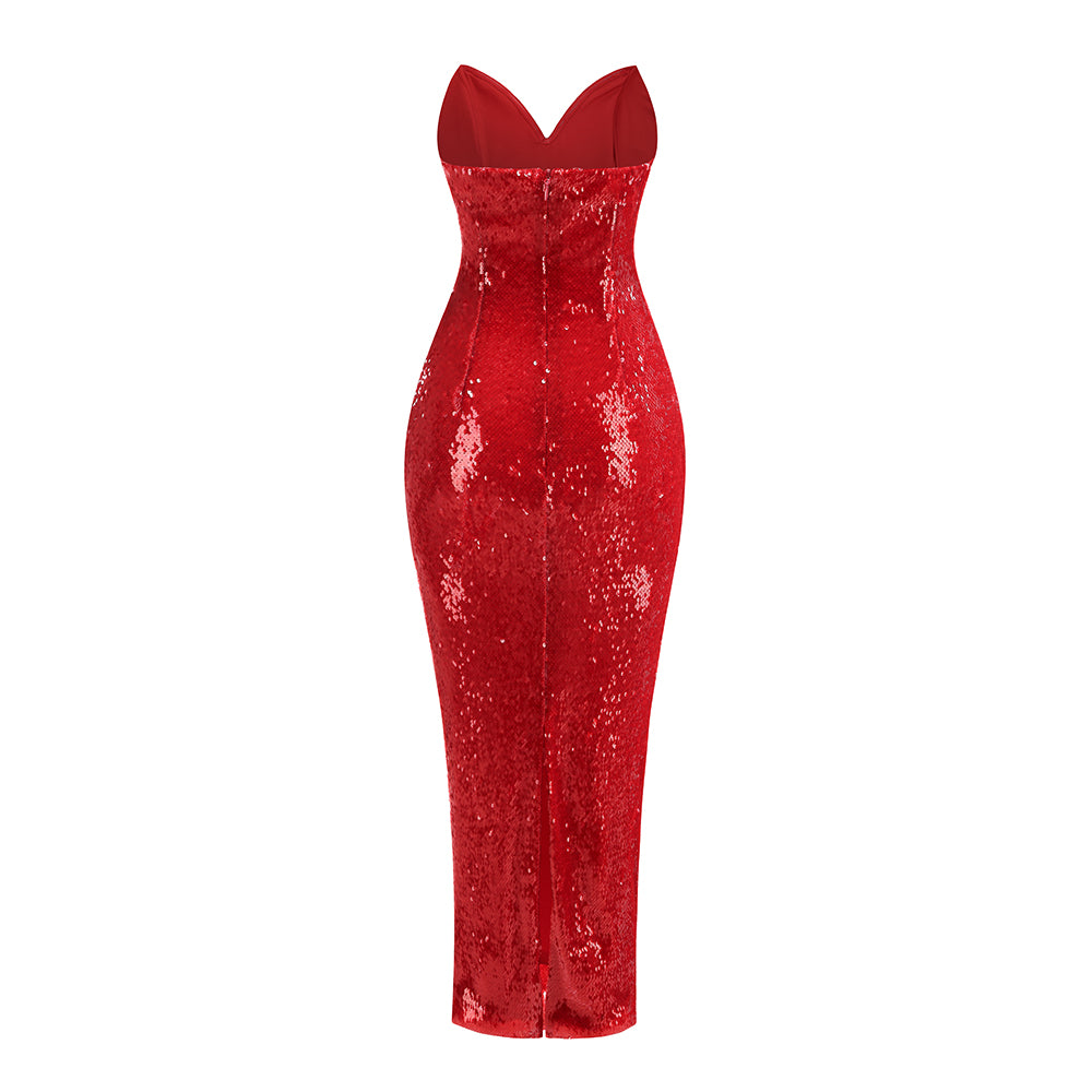 Kelsi Red Strapless Pointed Bodice Rhinestone Sequin Midi Dress
