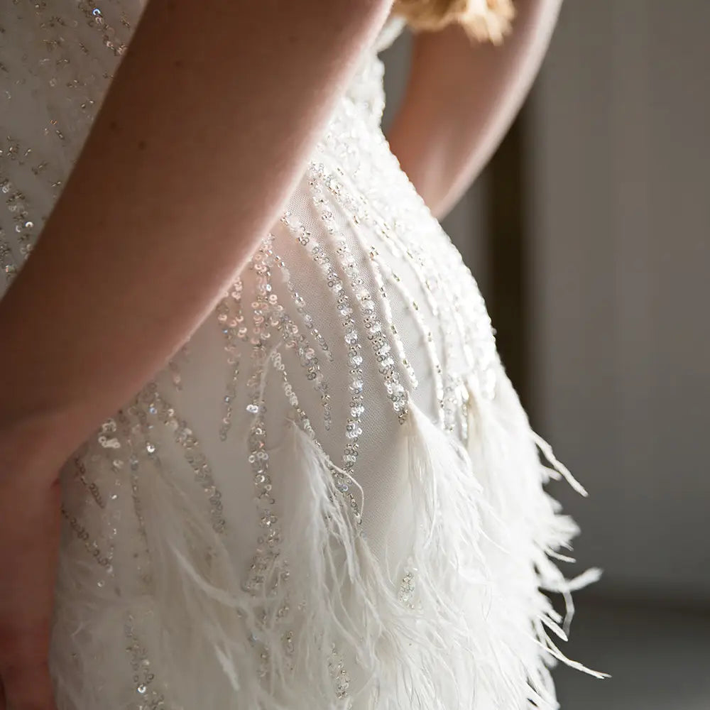 Catherine White Bead, Sequin and Feather Embellished Mini Dress