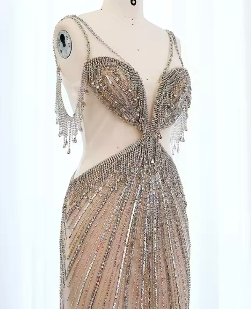 Jolie Off Shoulder Fringe Rhinestone Embellished Mesh Side Cutout Backless Gown