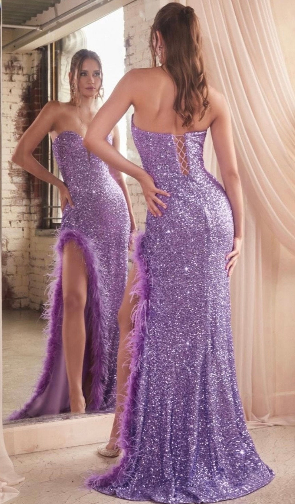 Ari Strapless Sequin Sweetheart Neck High Slit Feather Trim Gown