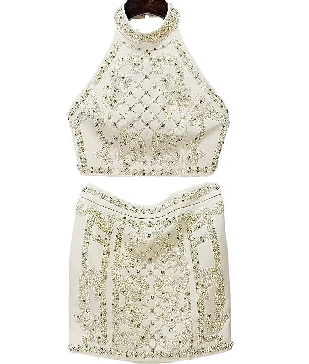 Odessa Ivory Rhinestone Pearl Embellished Crop Halter Top and Mini Skirt Set