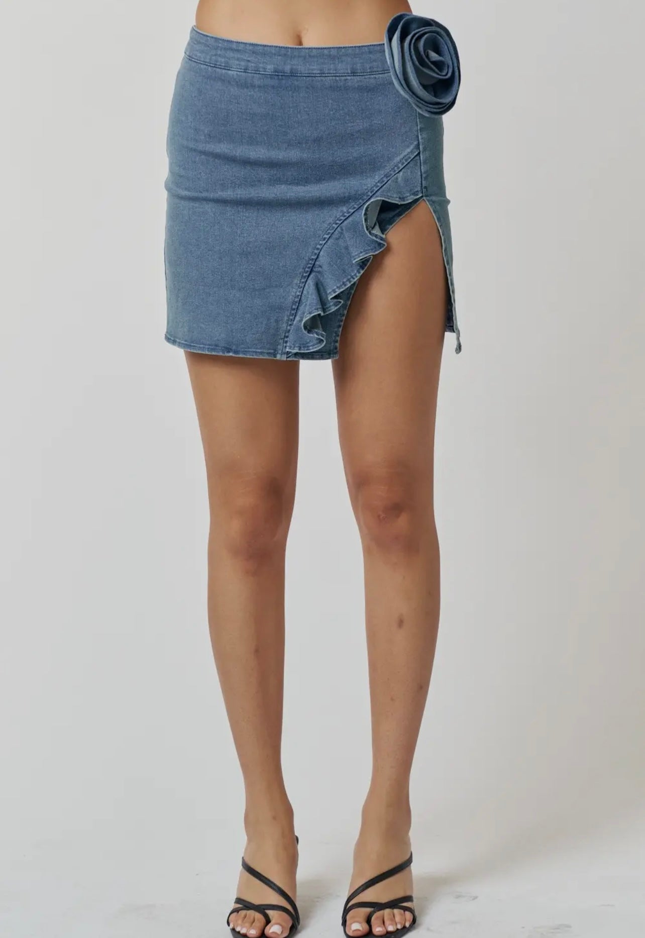 Daisy Denim 3D Rose Detail Halter Top and Ruffled Slit Rose Detail Mini Skirt