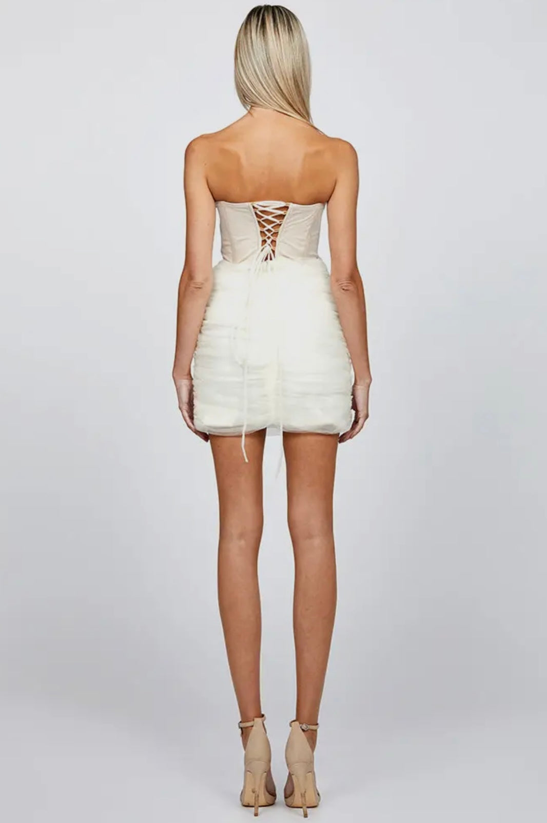 Aleesha Diamanté Corset Bodice Ruched Tulle Mini Dress