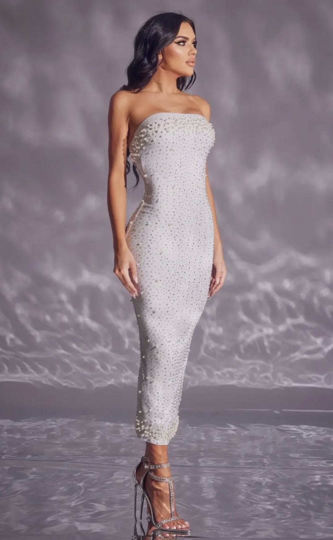 Maryn Rhinestone and Pearl Strapless Midi Dress