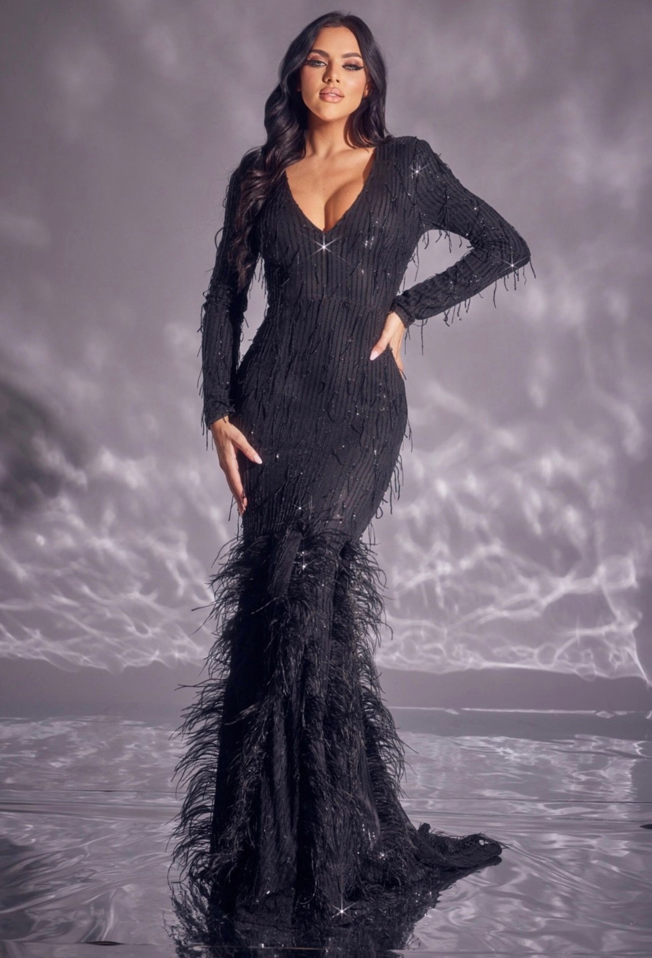 Indi Long Sleeve Sequin Fringe and Feather Detail V Neck Maxi Gown