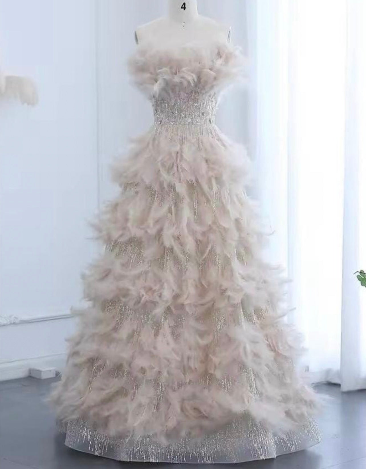 Fia Ivory Pink Strapless Beaded Corset Full Feather Gown