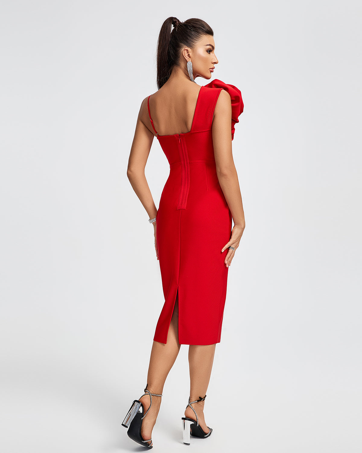 Adina Red One Shoulder 3D Flower Design Midi Bandage Dress