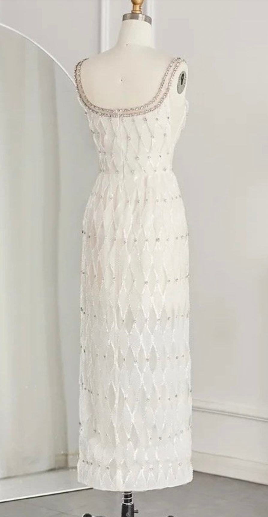 Irina White Hollow Organza Design Rhinestone Embellished Maxi Dress