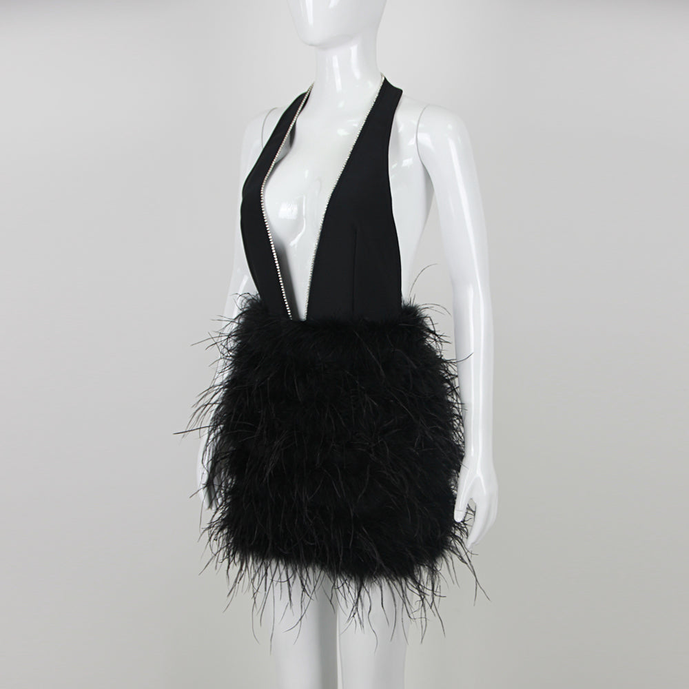 Morgan Plunging Rhinestone Trim Neck Ostrich Feather Mini Dress