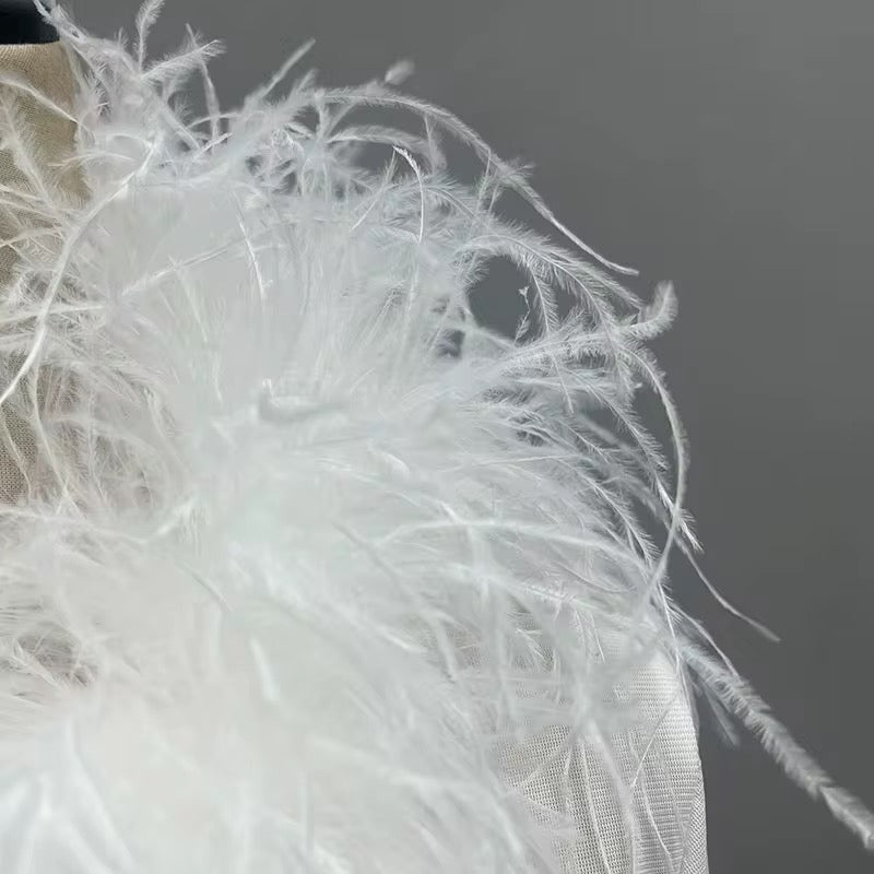 Nora White Mesh Feather Bolero Cardigan and Mesh Pants Set