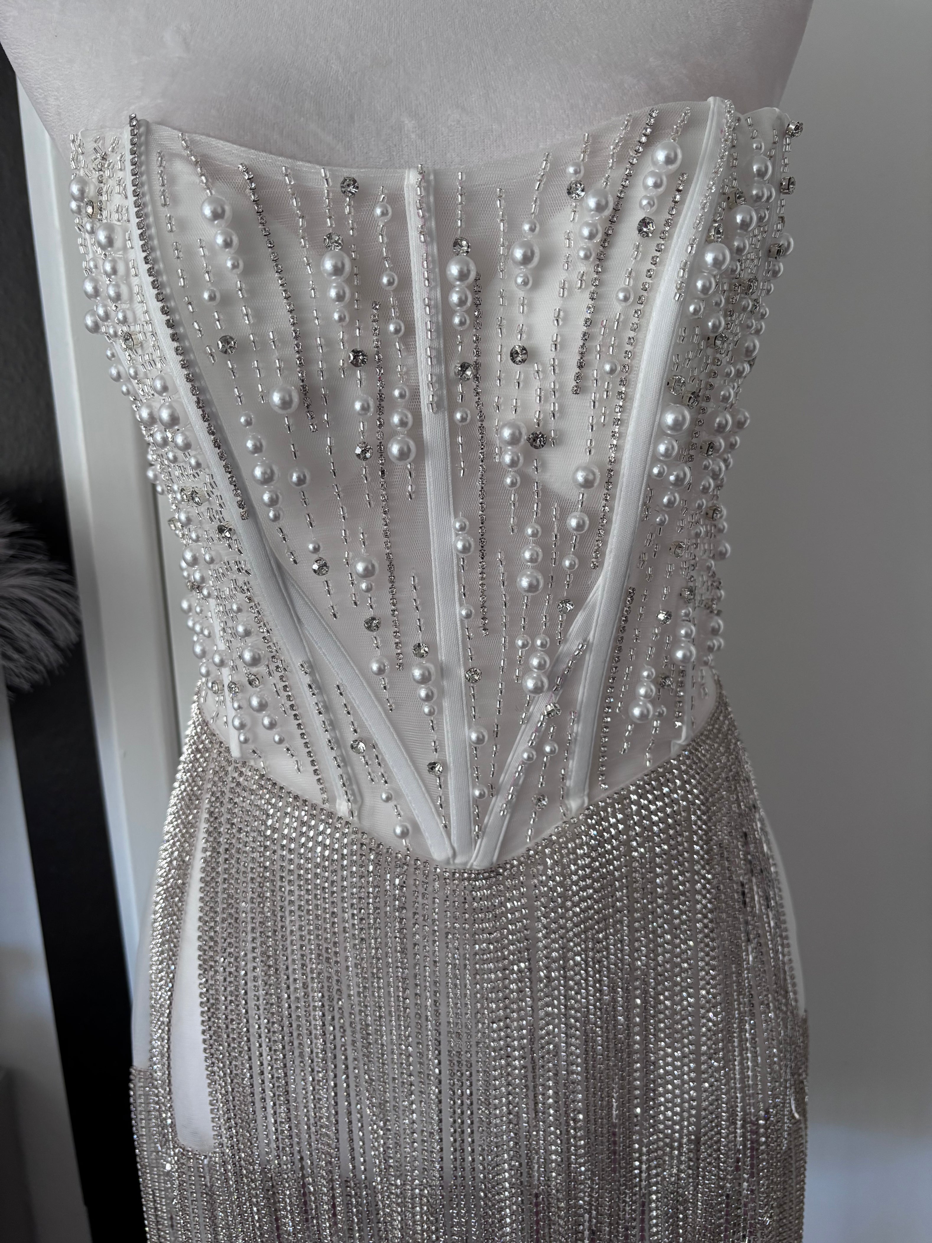 Layton Rhinestone Fringe and Pearl Embellished Mini Dress