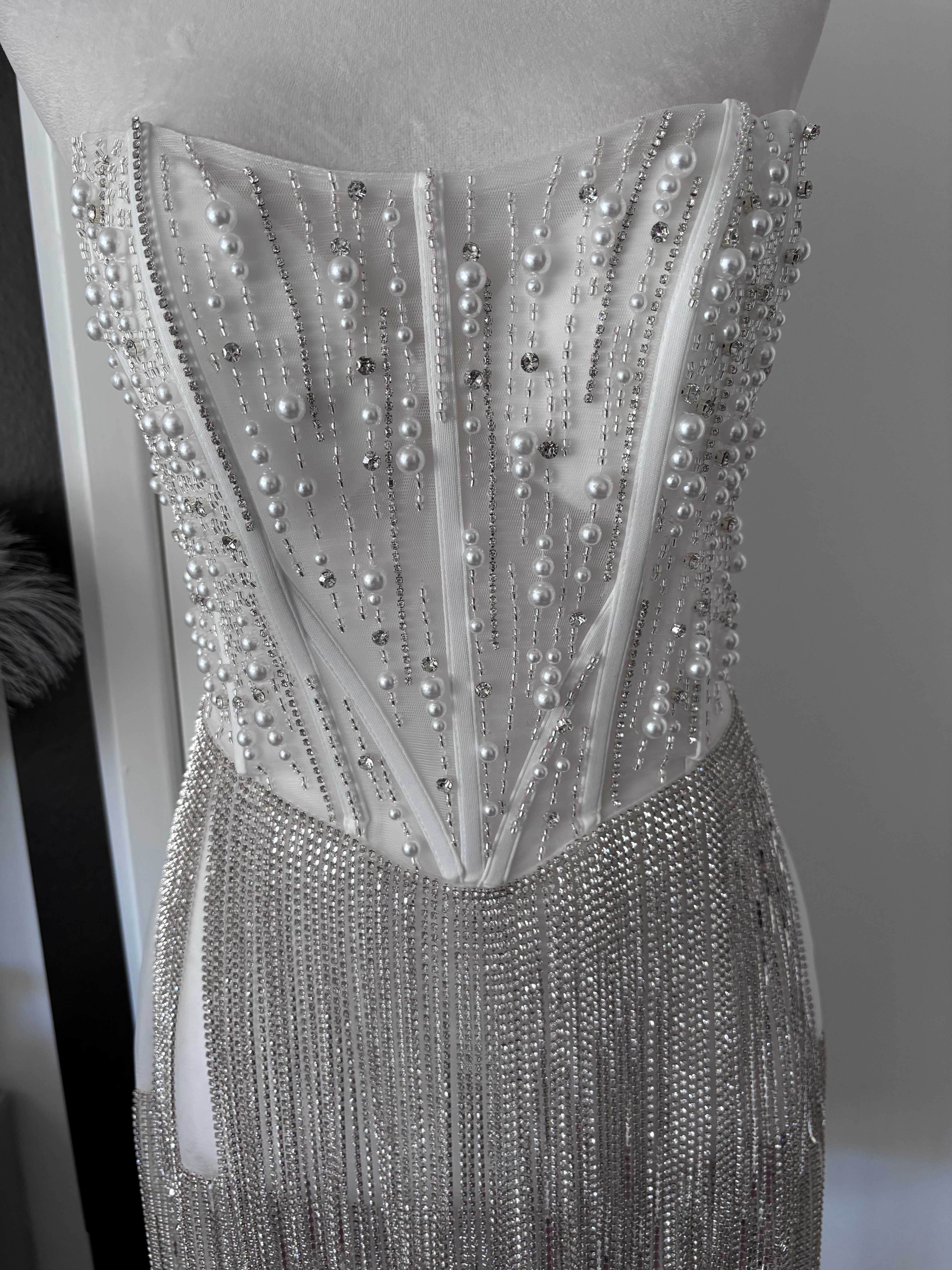 Layton Rhinestone Fringe and Pearl Embellished Mini Dress