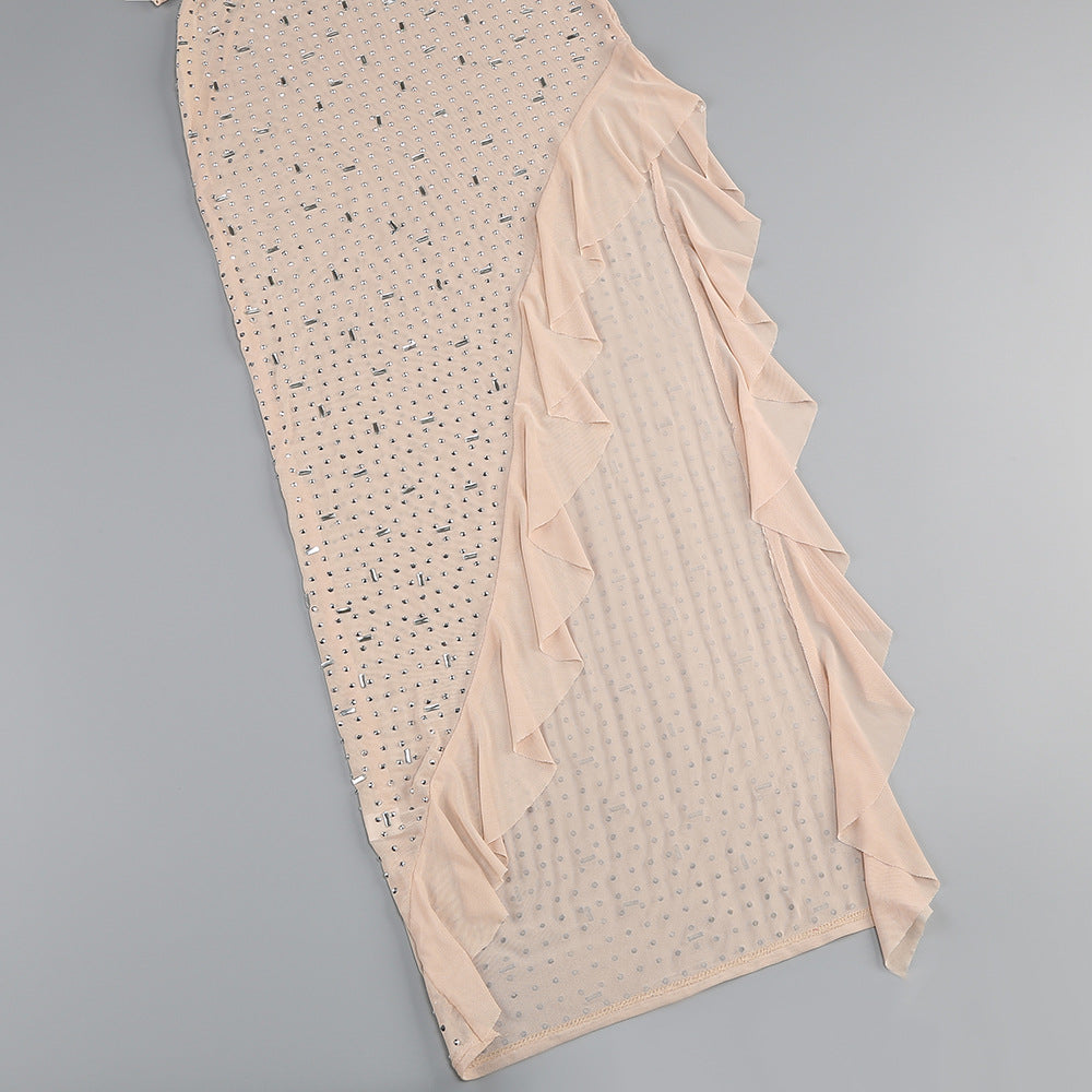 Kasan Cowl Neck Draped Crystal Embellished Ruffle High Slit Maxi Dress