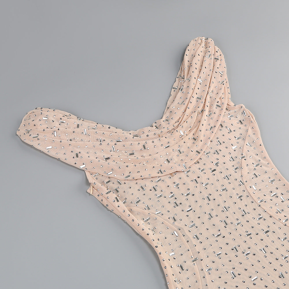 Kasan Cowl Neck Draped Crystal Embellished Ruffle High Slit Maxi Dress