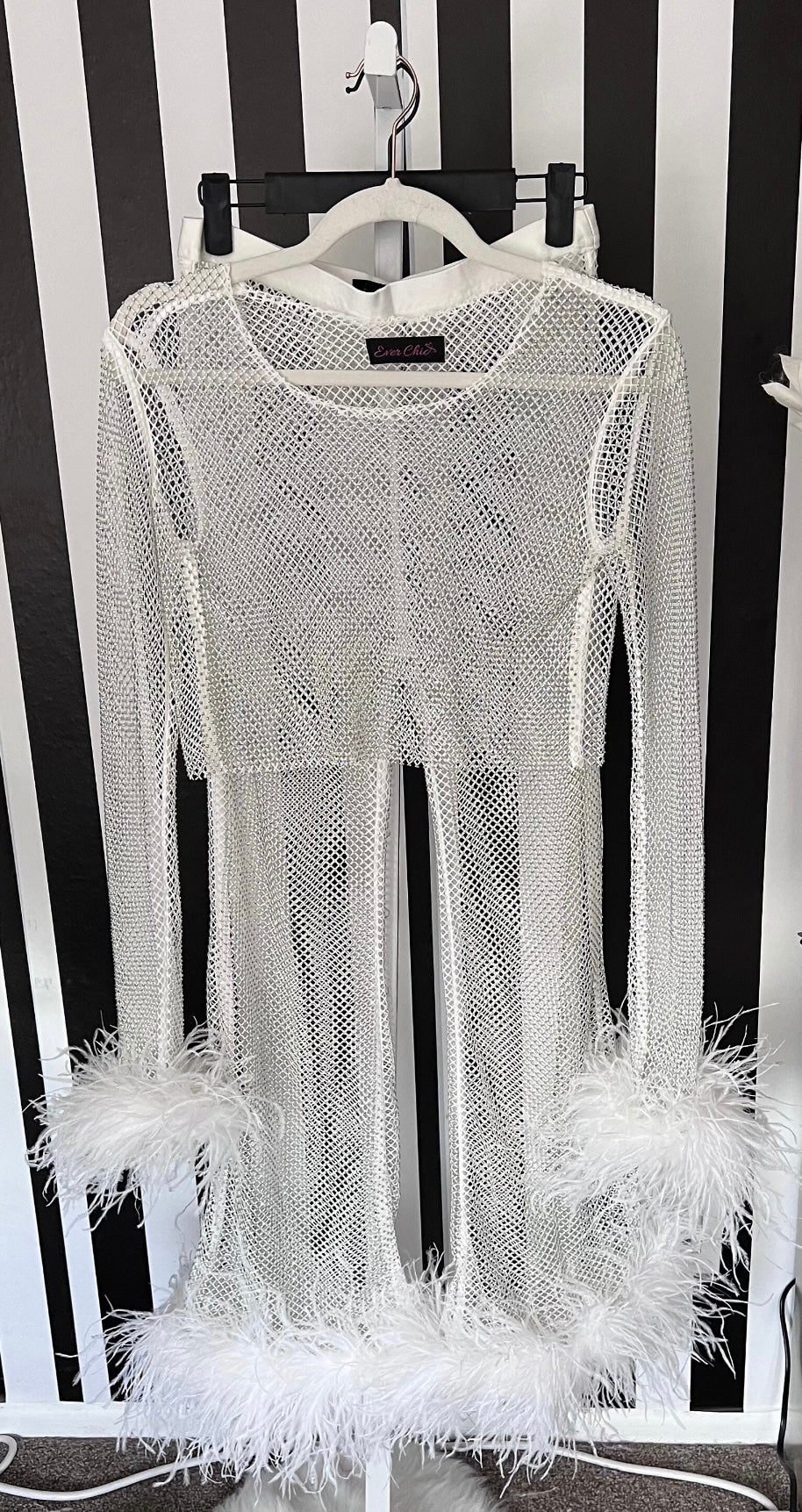 Lita Rhinestone Mesh Feather Trim Crop Top and Pant Set