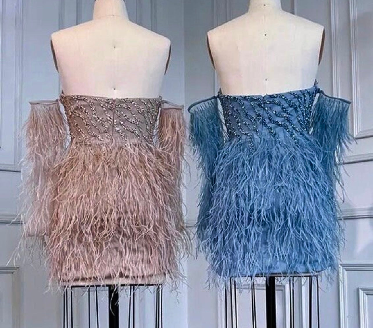Martine Beaded Off Shoulder Feather Embellished Mini Dress